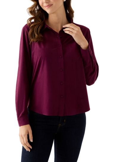 Women's Long Sleeve Faux Suede Button Front Top
