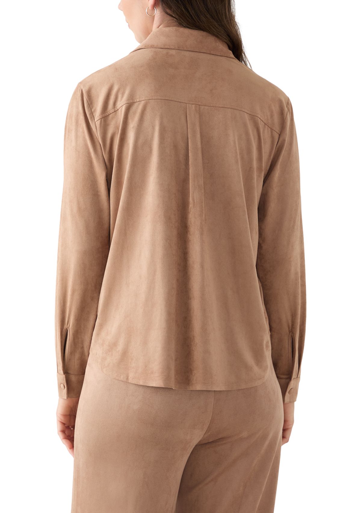 Womens Long Sleeve Faux Suede Button Front Top
