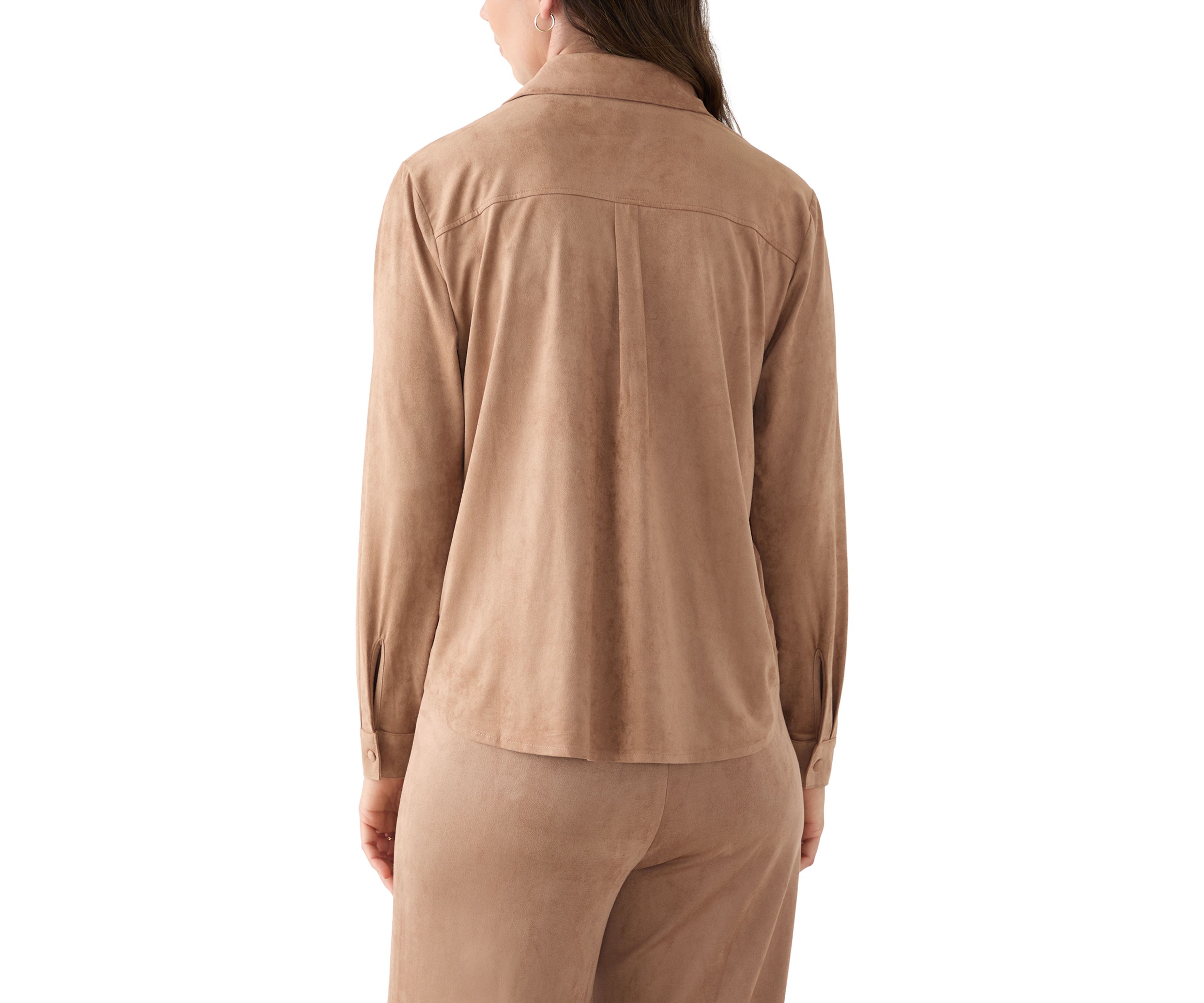 Womens Long Sleeve Faux Suede Button Front Top