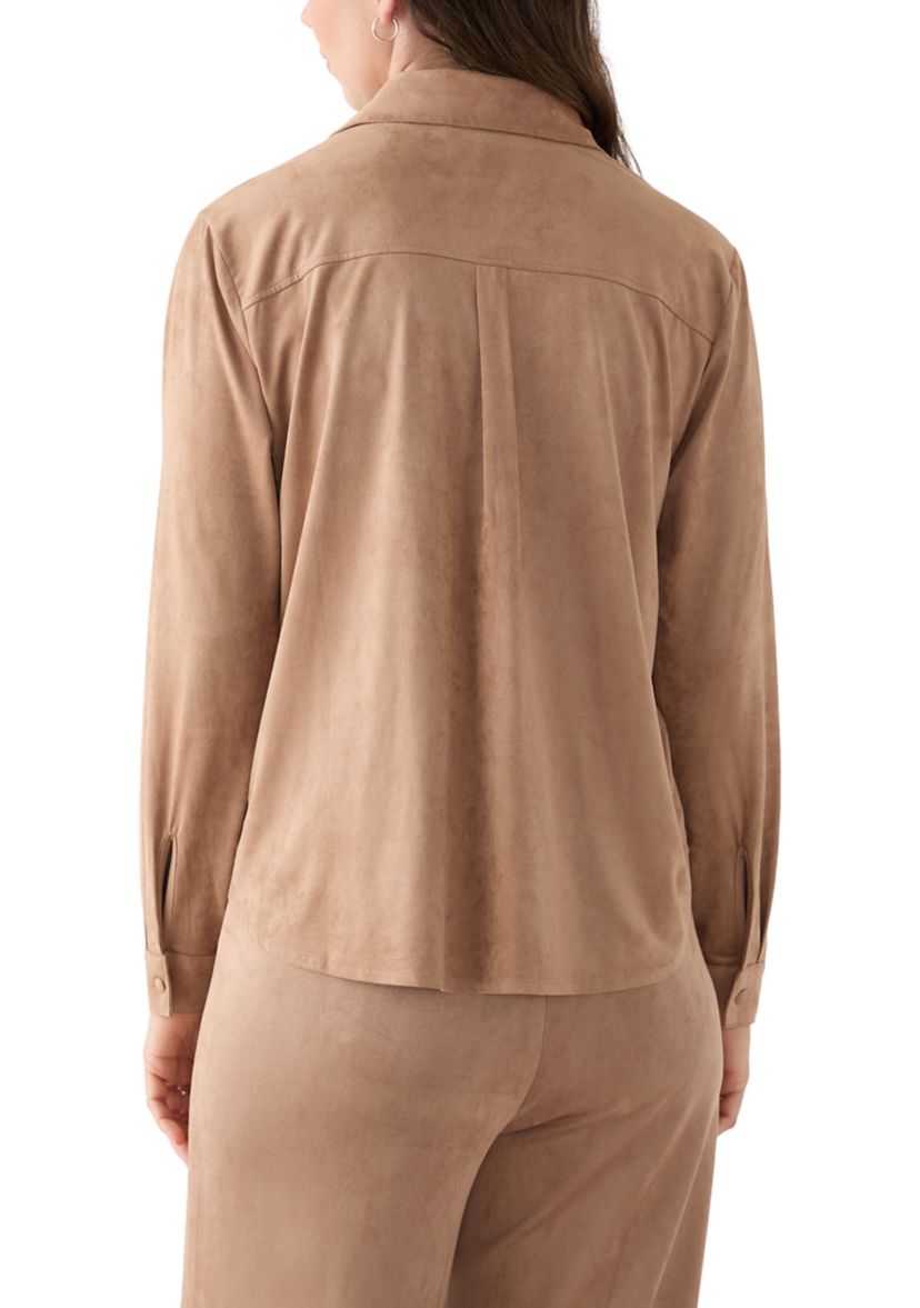 Womens Long Sleeve Faux Suede Button Front Top