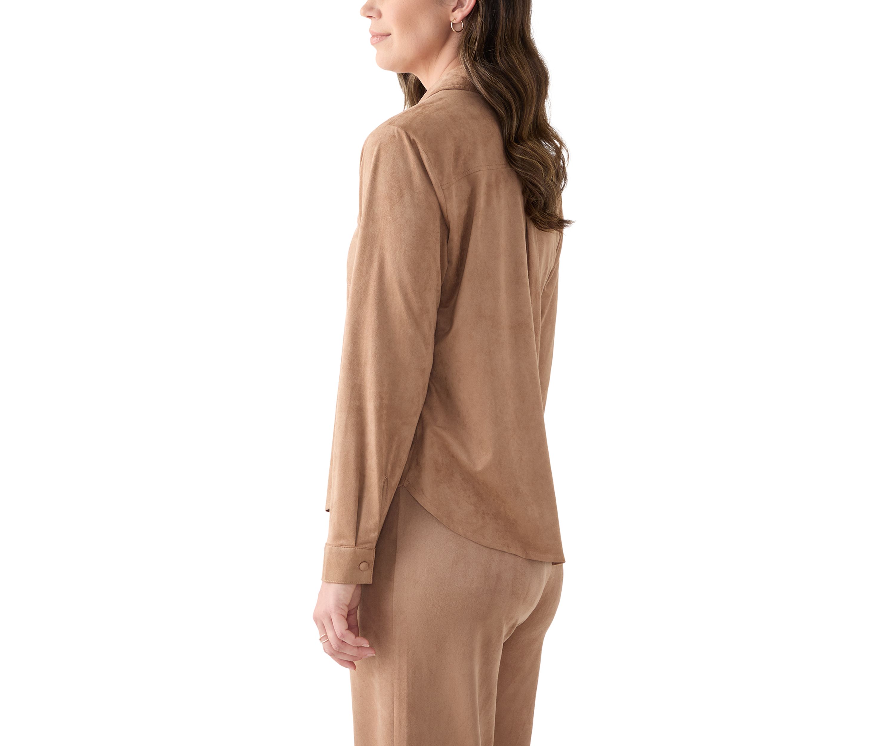 Womens Long Sleeve Faux Suede Button Front Top