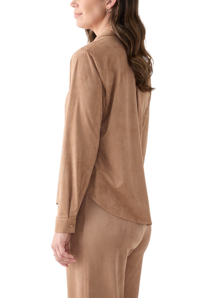 Womens Long Sleeve Faux Suede Button Front Top