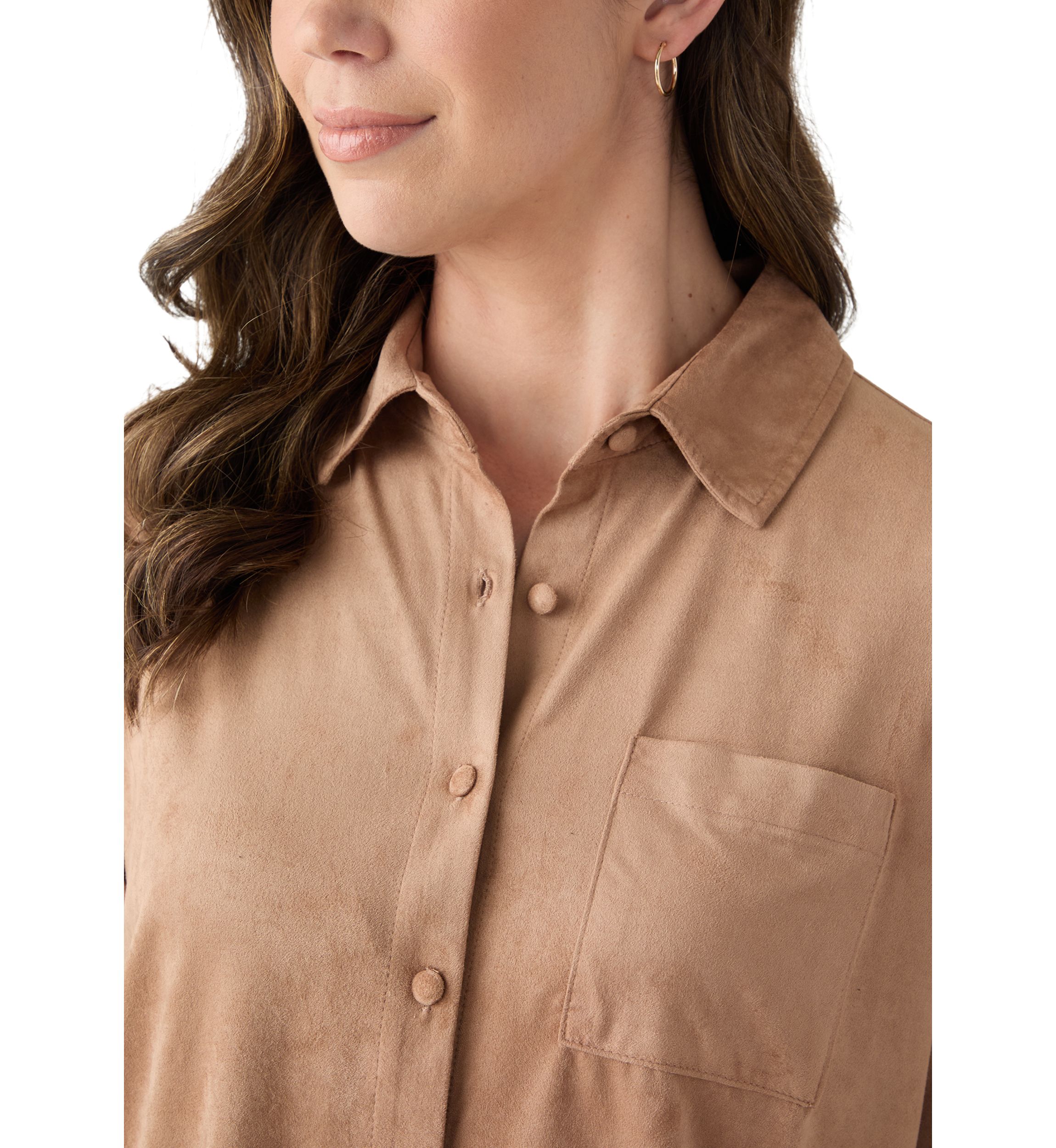 Womens Long Sleeve Faux Suede Button Front Top
