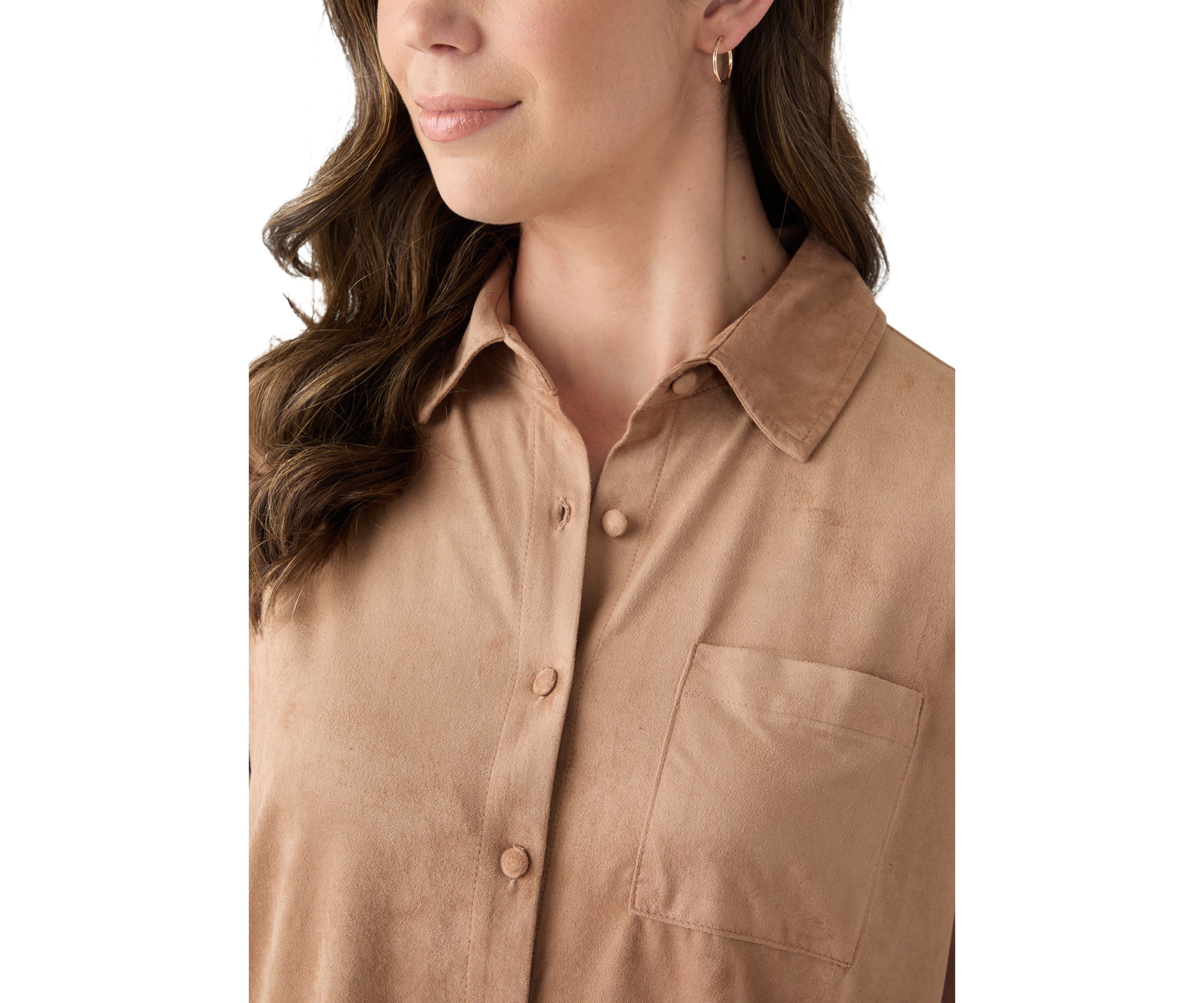 Womens Long Sleeve Faux Suede Button Front Top