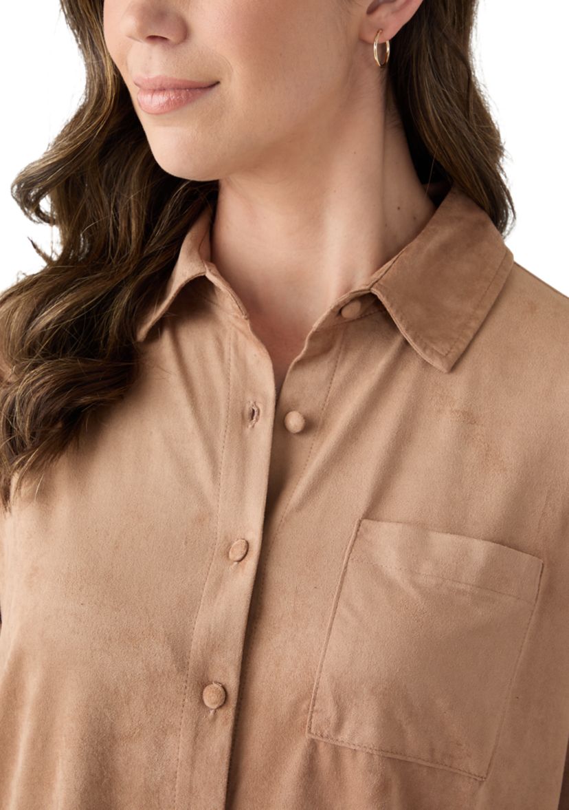 Womens Long Sleeve Faux Suede Button Front Top