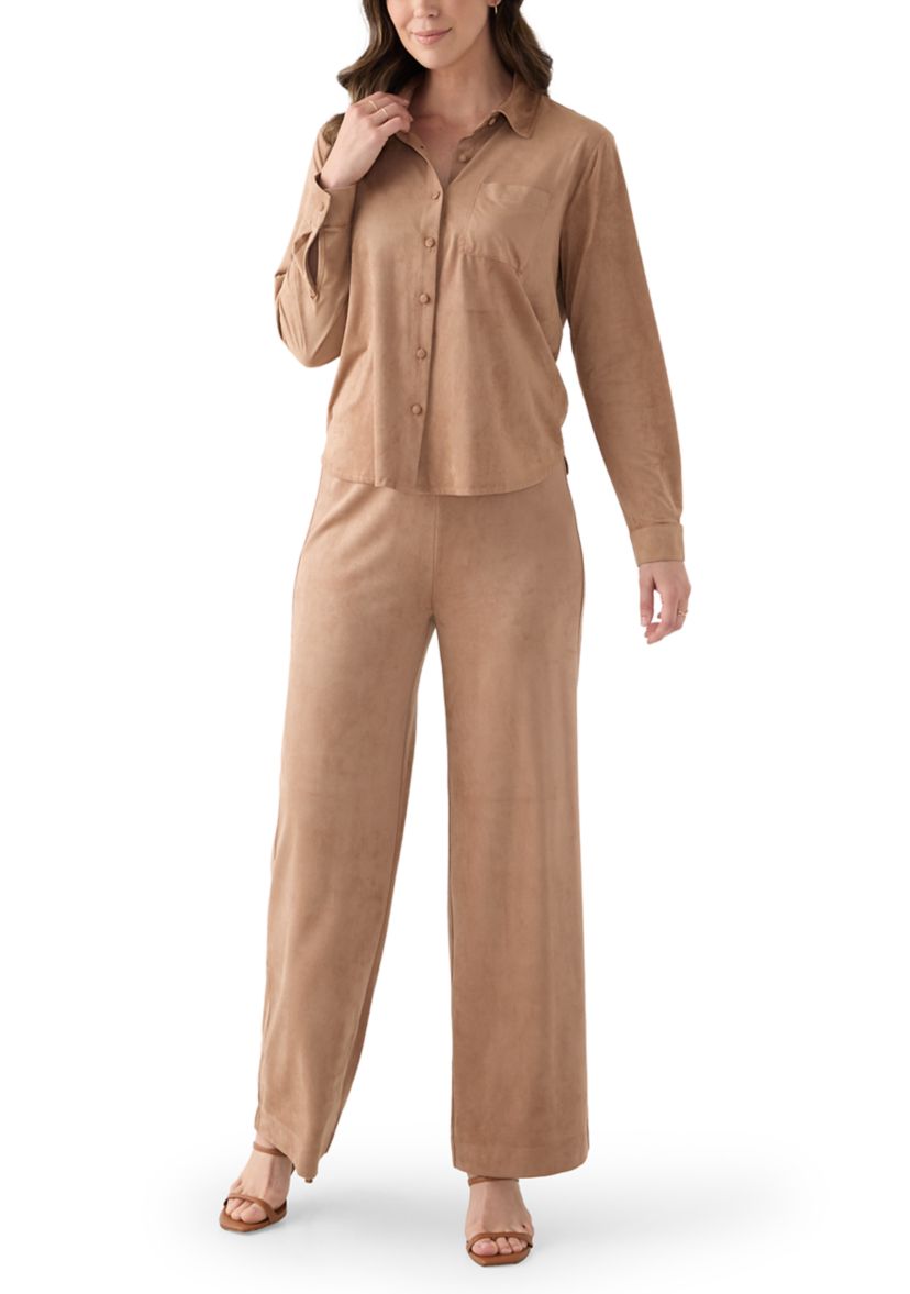 Womens Long Sleeve Faux Suede Button Front Top