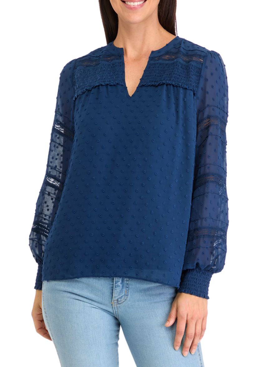 Womens Long Sleeve Clip Dot Blouse