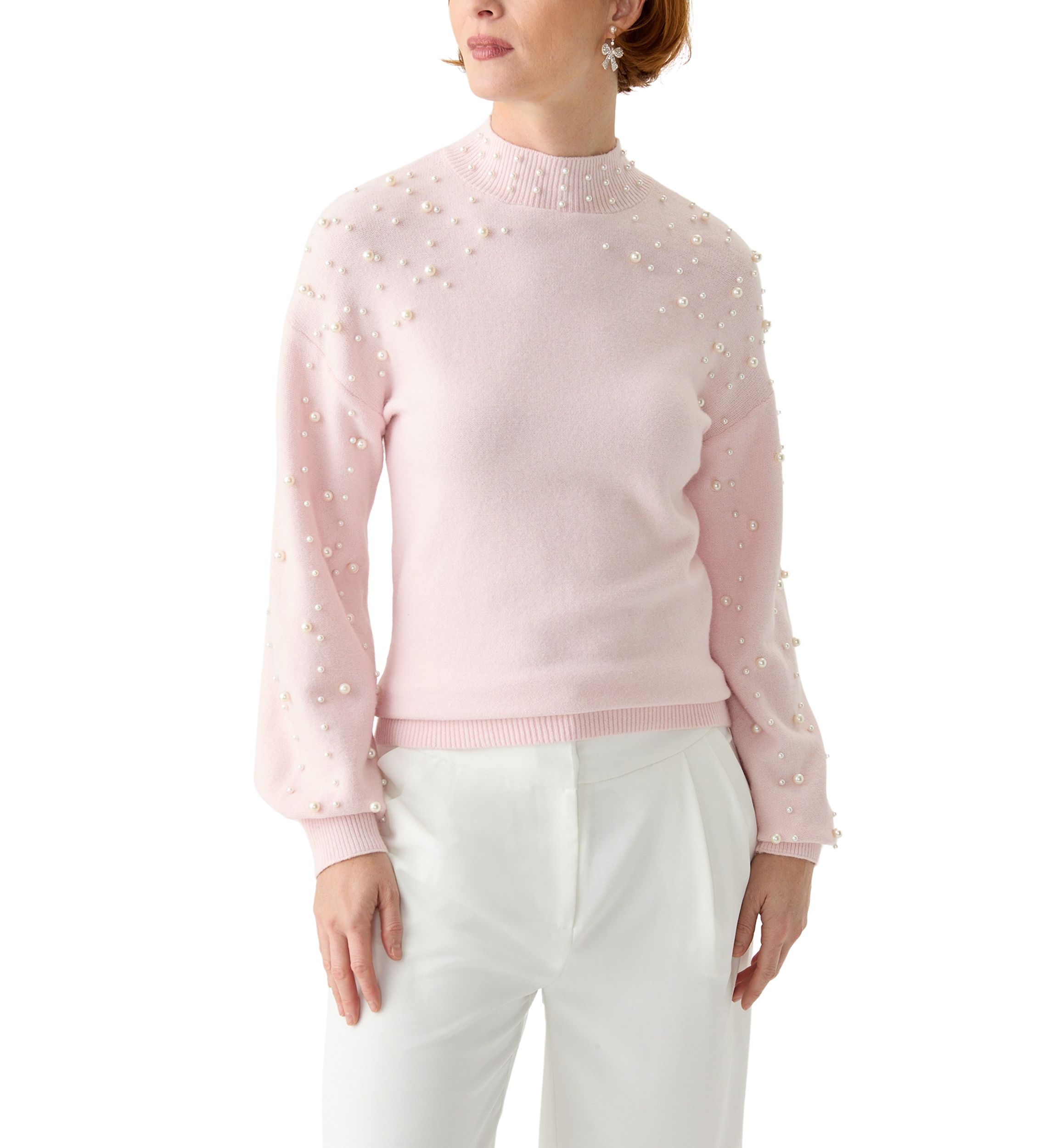 Womens Mock Neck Pearl Embellished Sweater
