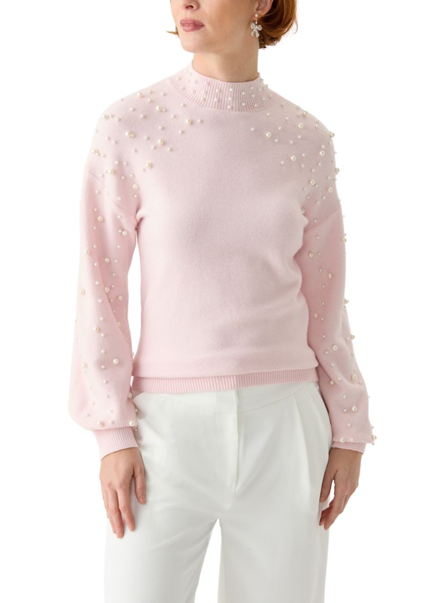 Womens Mock Neck Pearl Embellished Sweater