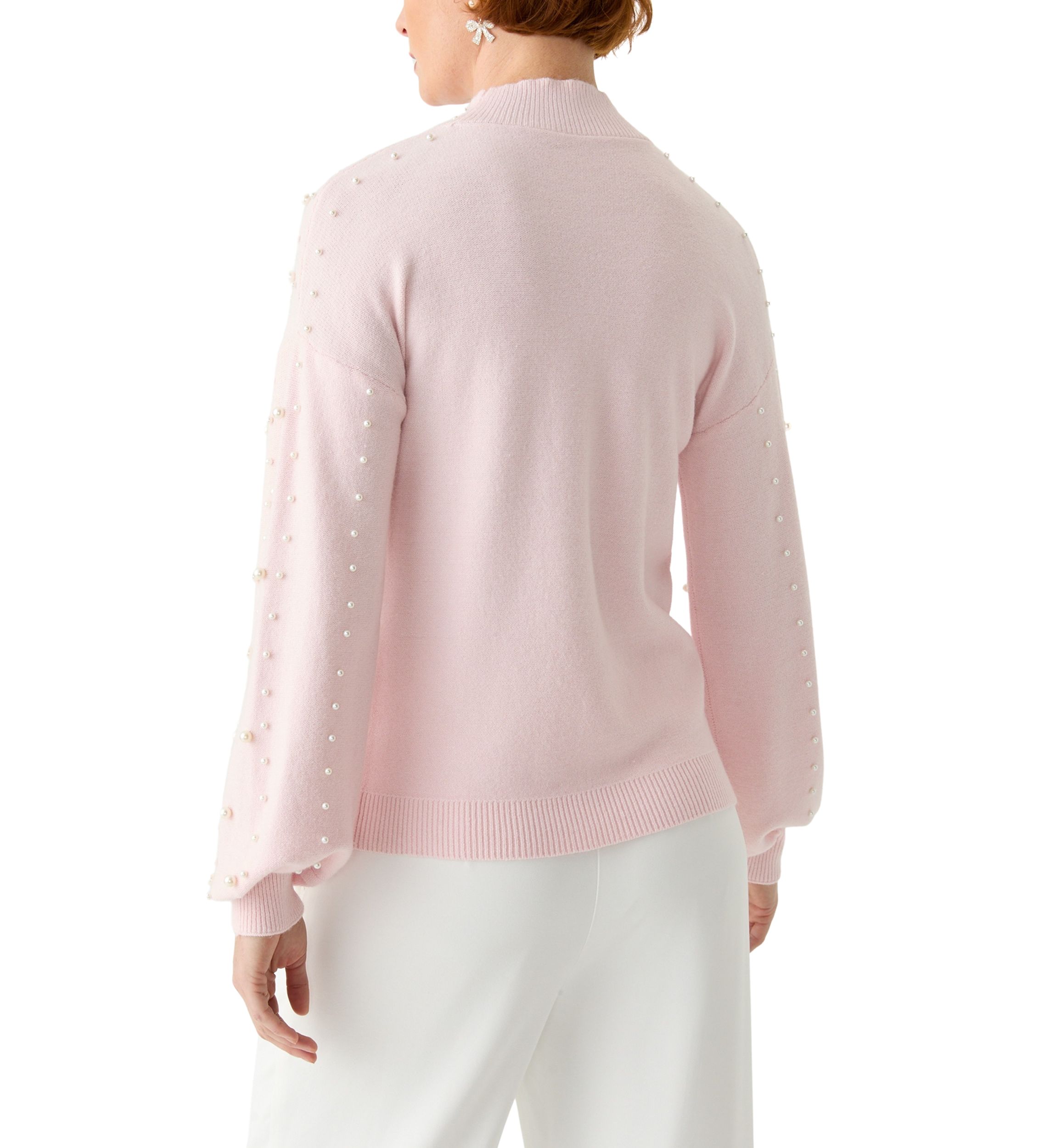 Womens Mock Neck Pearl Embellished Sweater