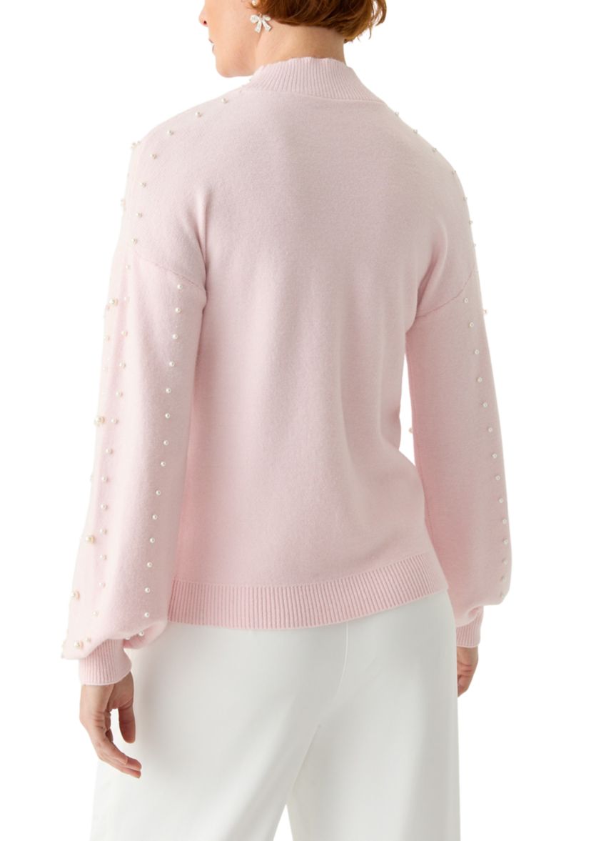 Womens Mock Neck Pearl Embellished Sweater