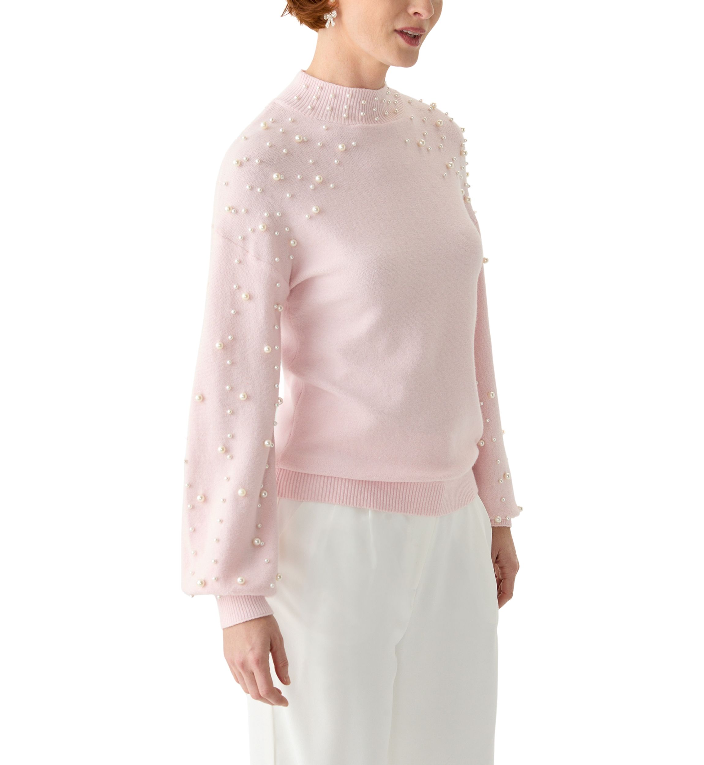 Womens Mock Neck Pearl Embellished Sweater