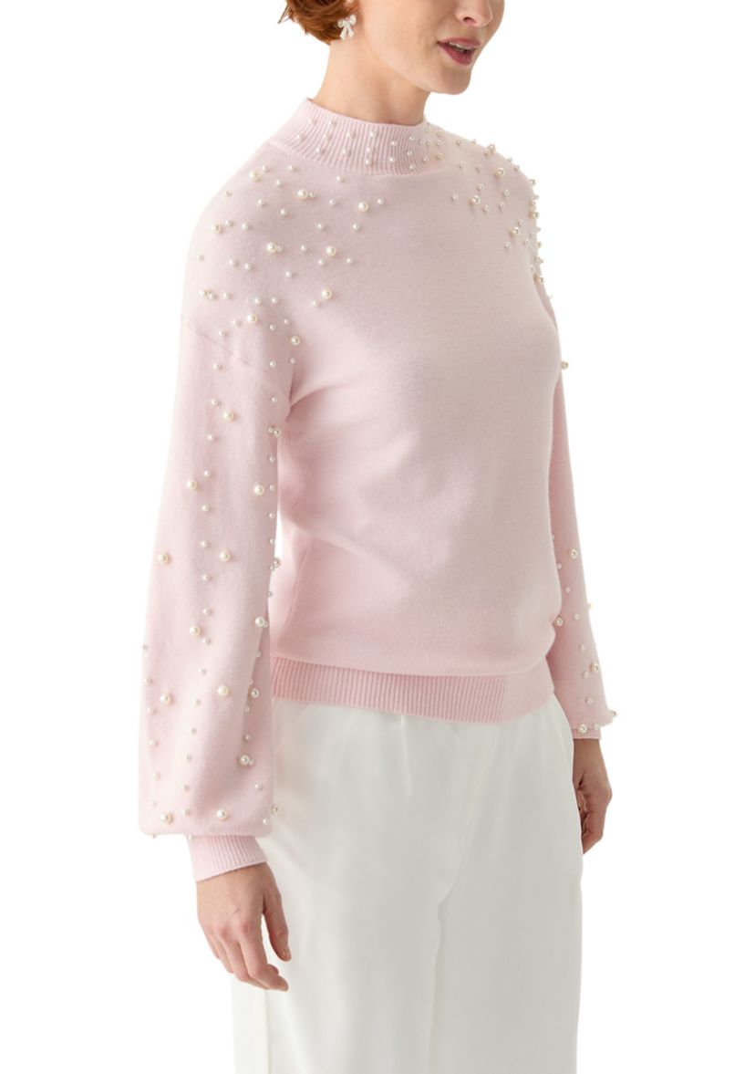 Womens Mock Neck Pearl Embellished Sweater