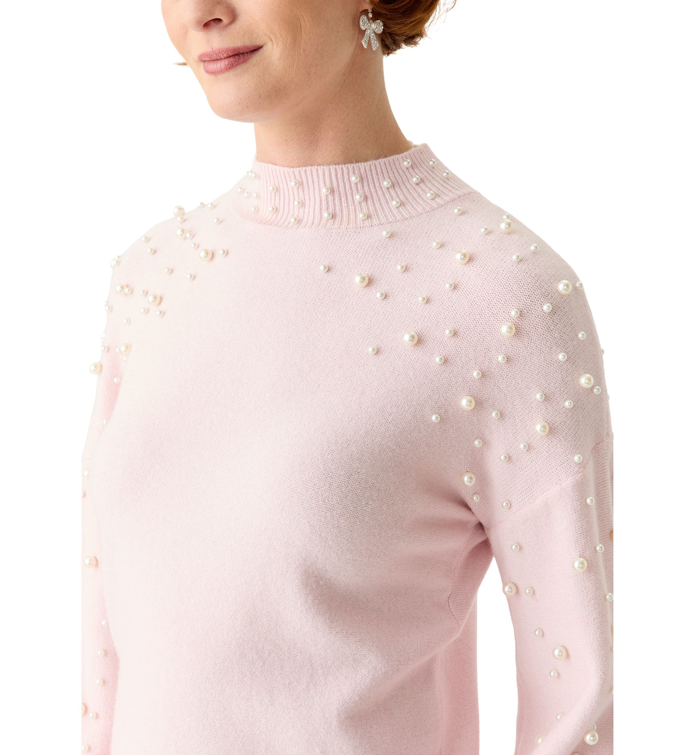 Womens Mock Neck Pearl Embellished Sweater