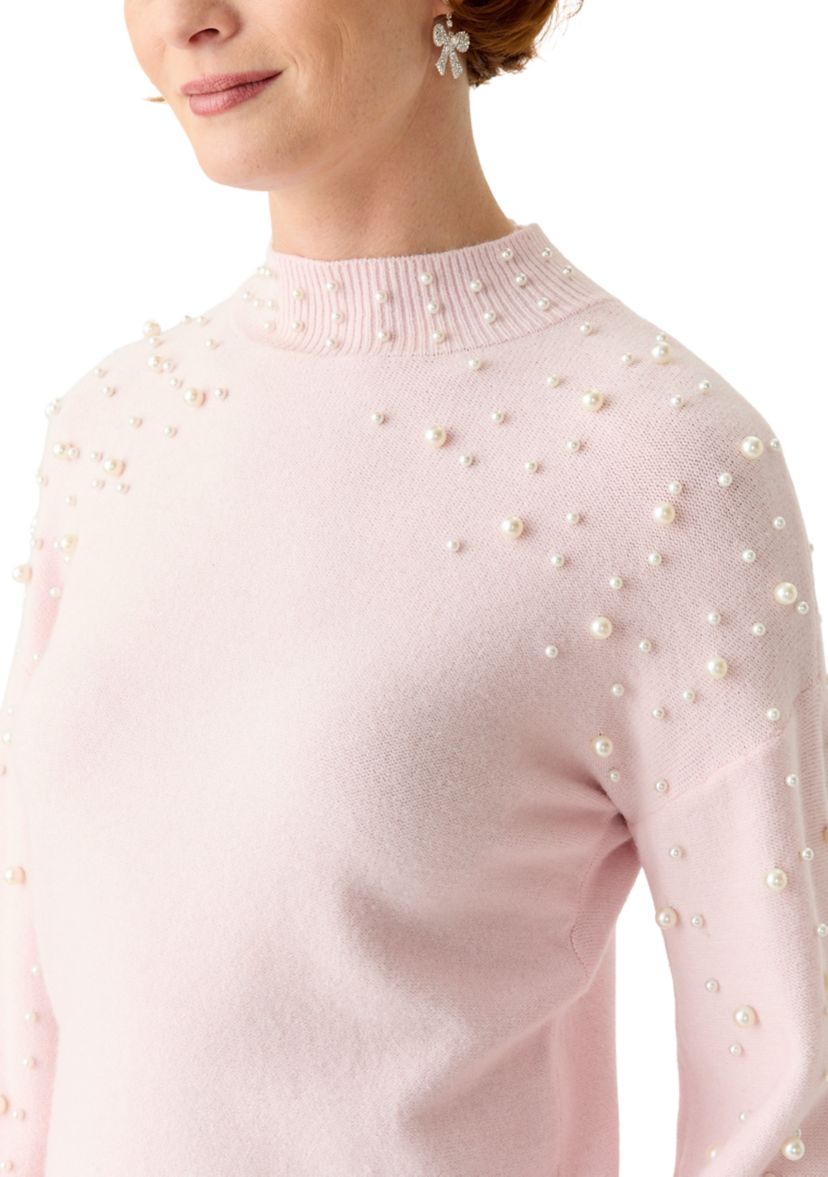 Womens Mock Neck Pearl Embellished Sweater