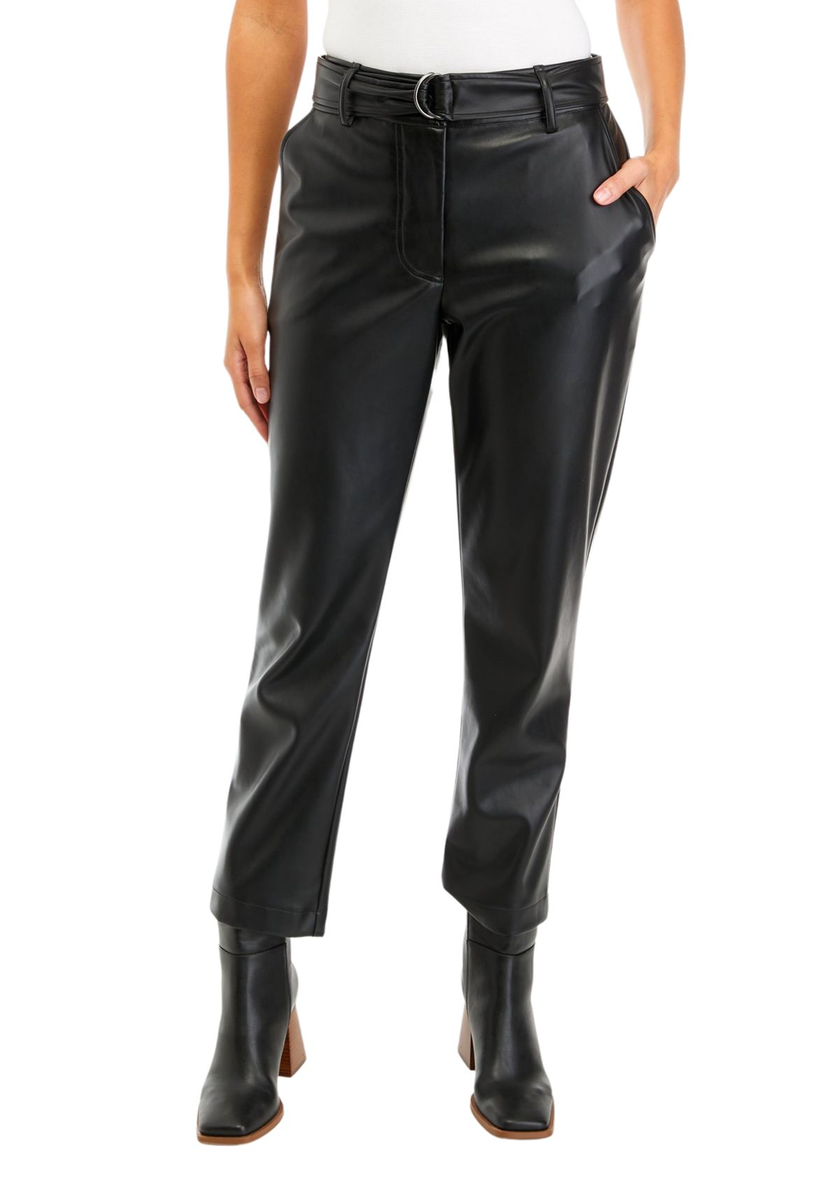 Womens Belted Slim Vegan Leather Pants