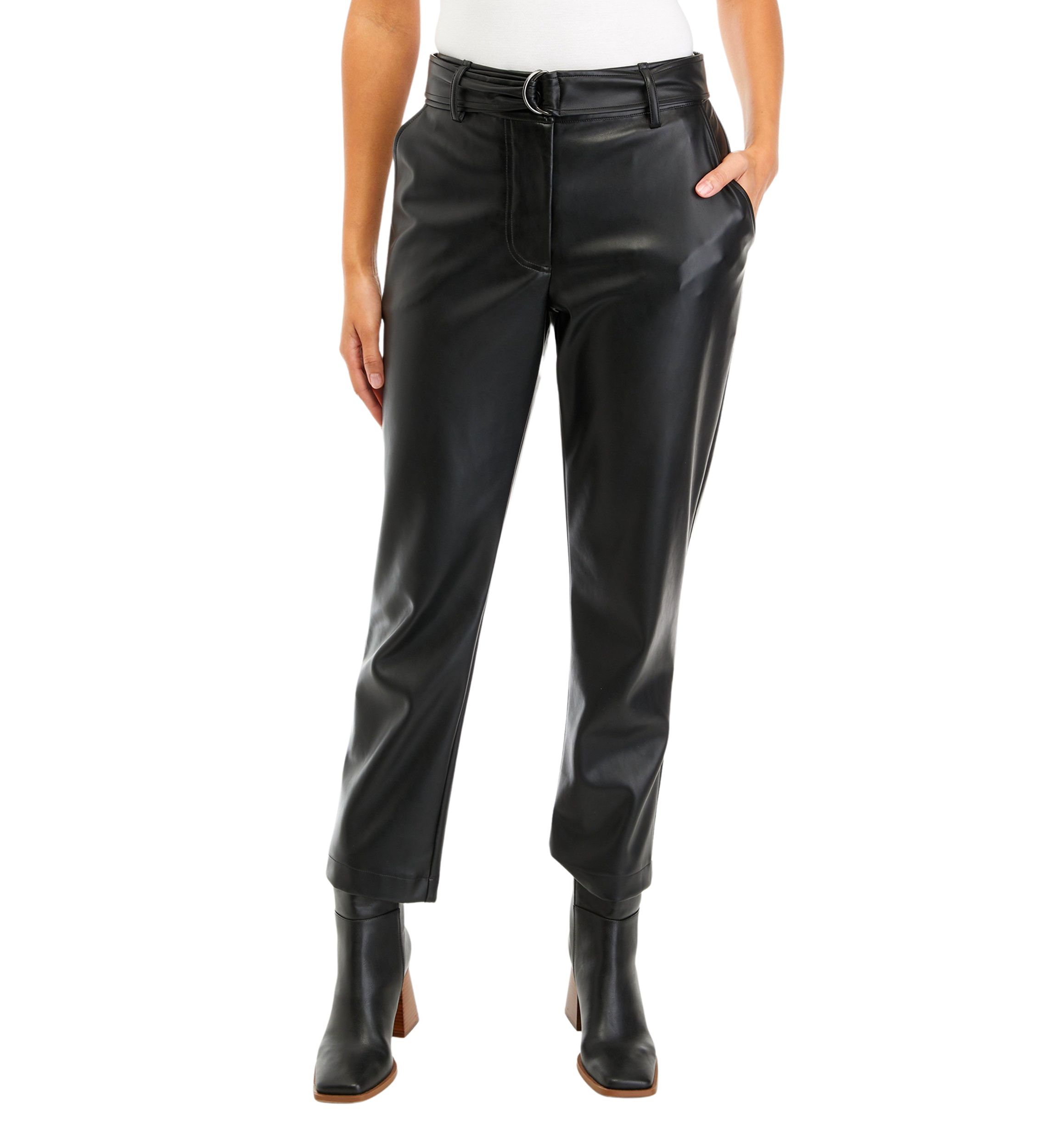 Womens Belted Slim Vegan Leather Pants