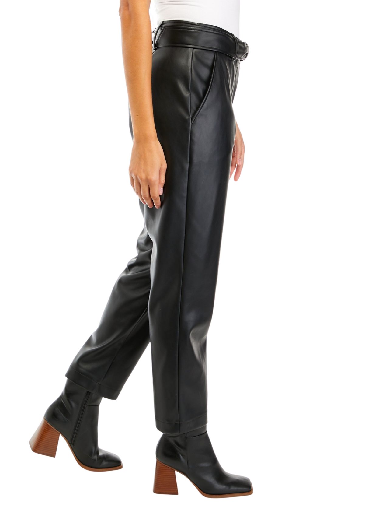 Womens Belted Slim Vegan Leather Pants