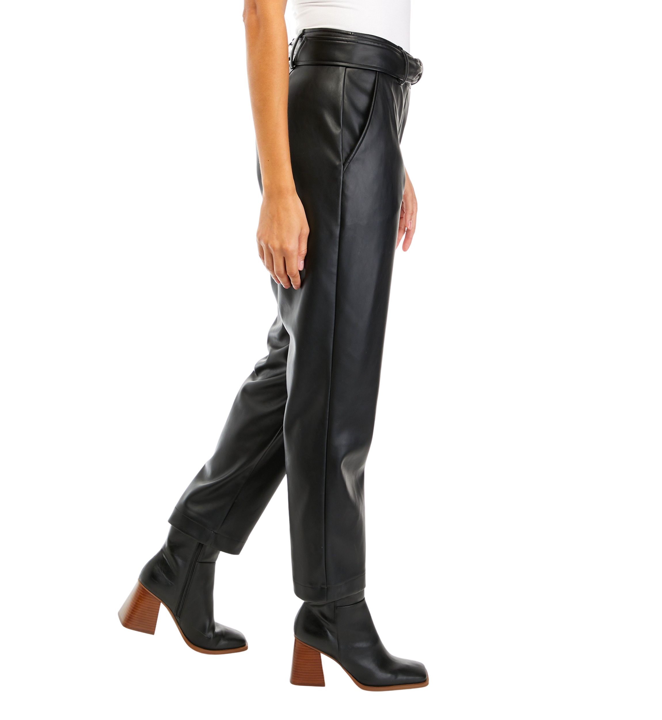 Womens Belted Slim Vegan Leather Pants