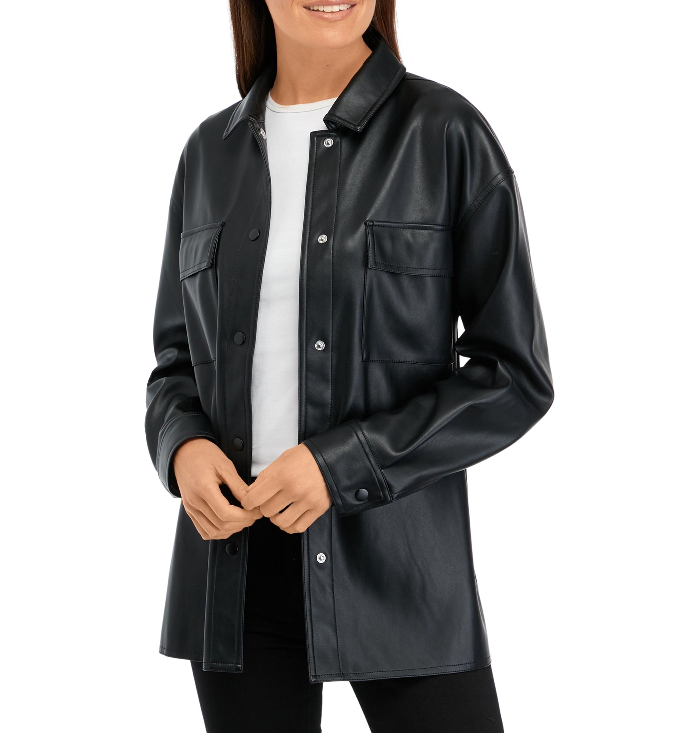 Womens Vegan Leather Shirt Jacket