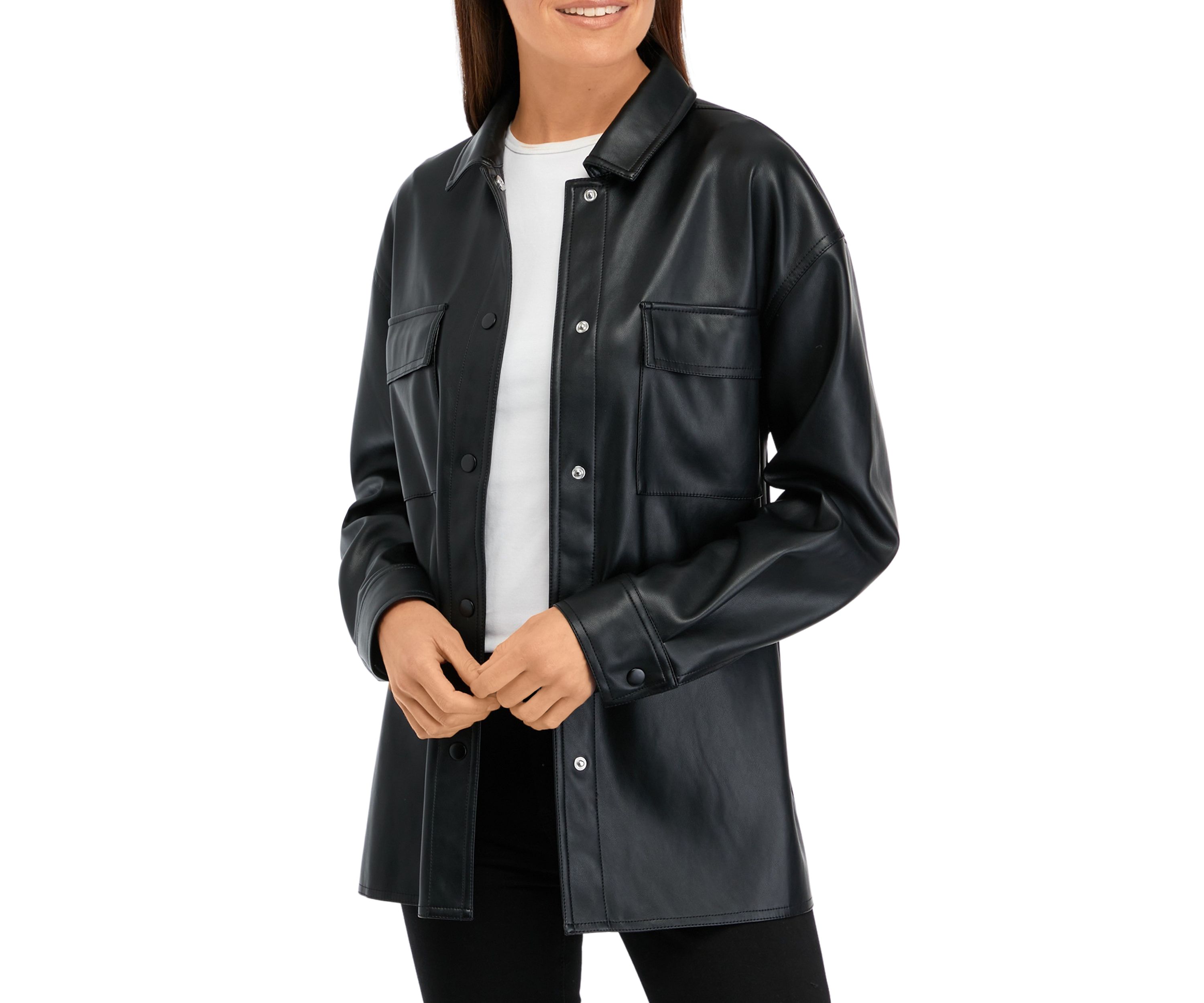 Womens Vegan Leather Shirt Jacket