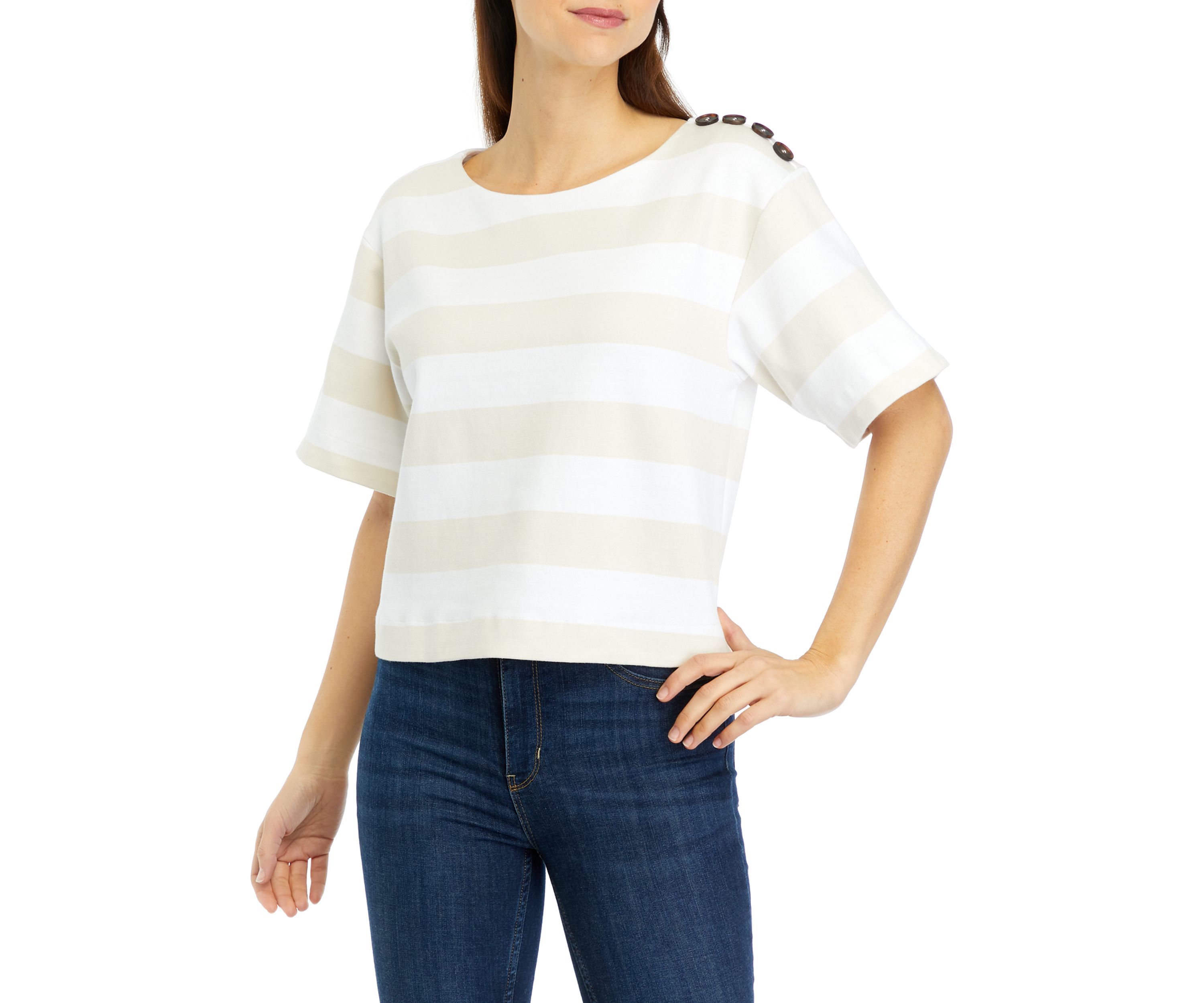 Womens Short Sleeve Stripe Ponte Top