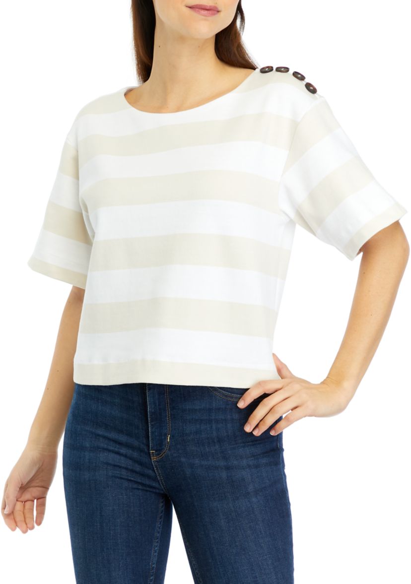 Womens Short Sleeve Stripe Ponte Top