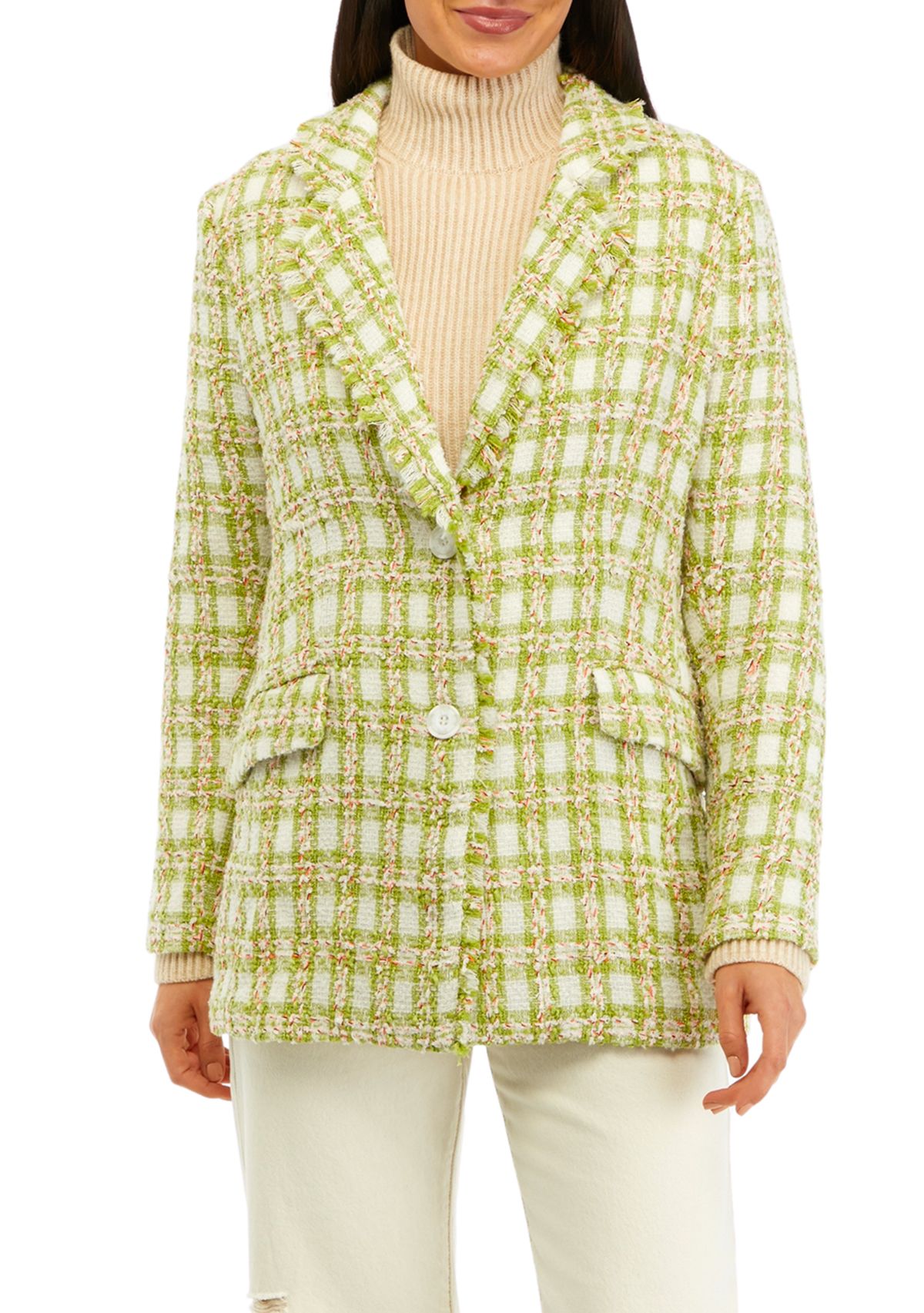Womens Notch Collar Plaid Tweed Blazer 