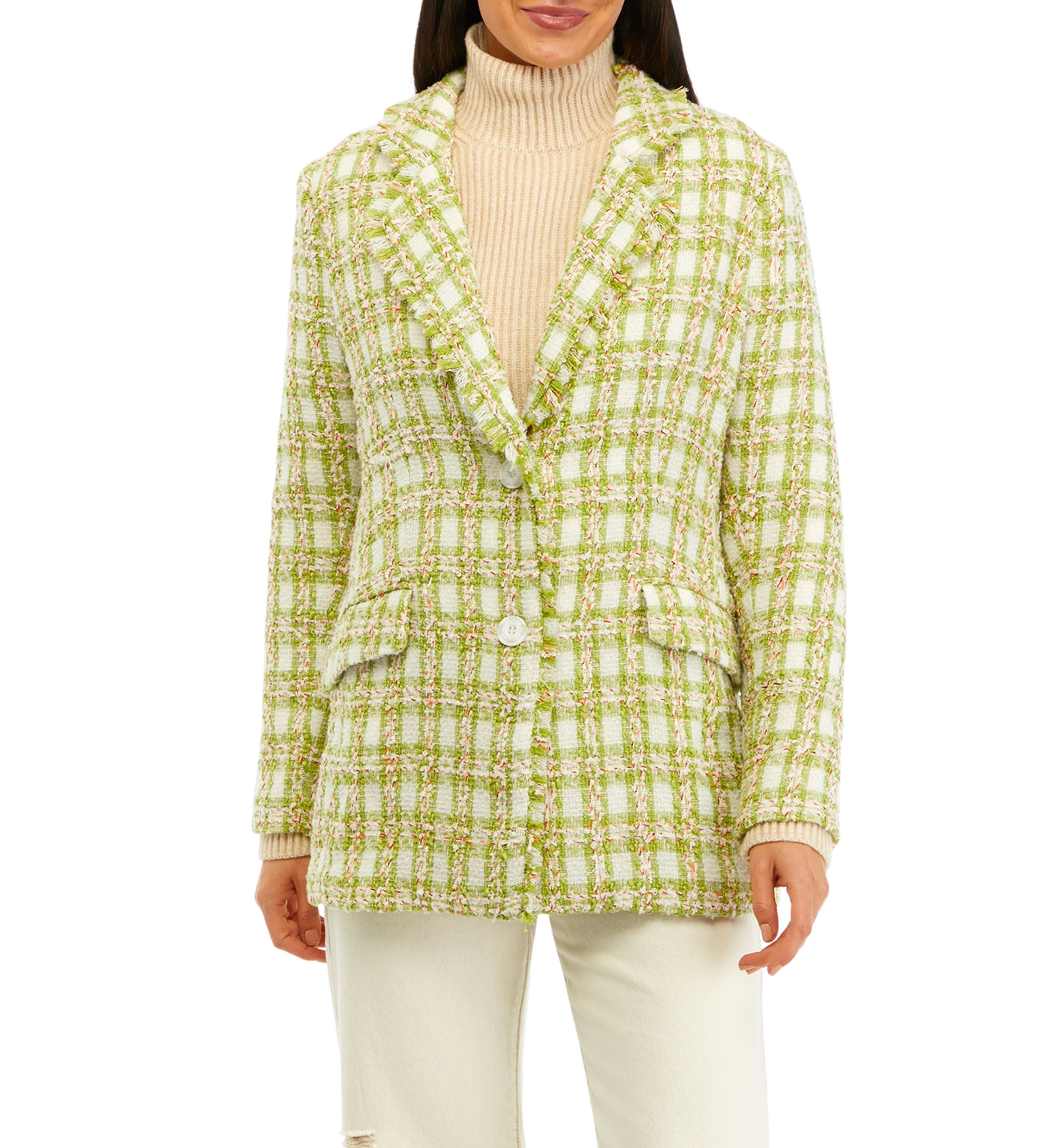 Womens Notch Collar Plaid Tweed Blazer 