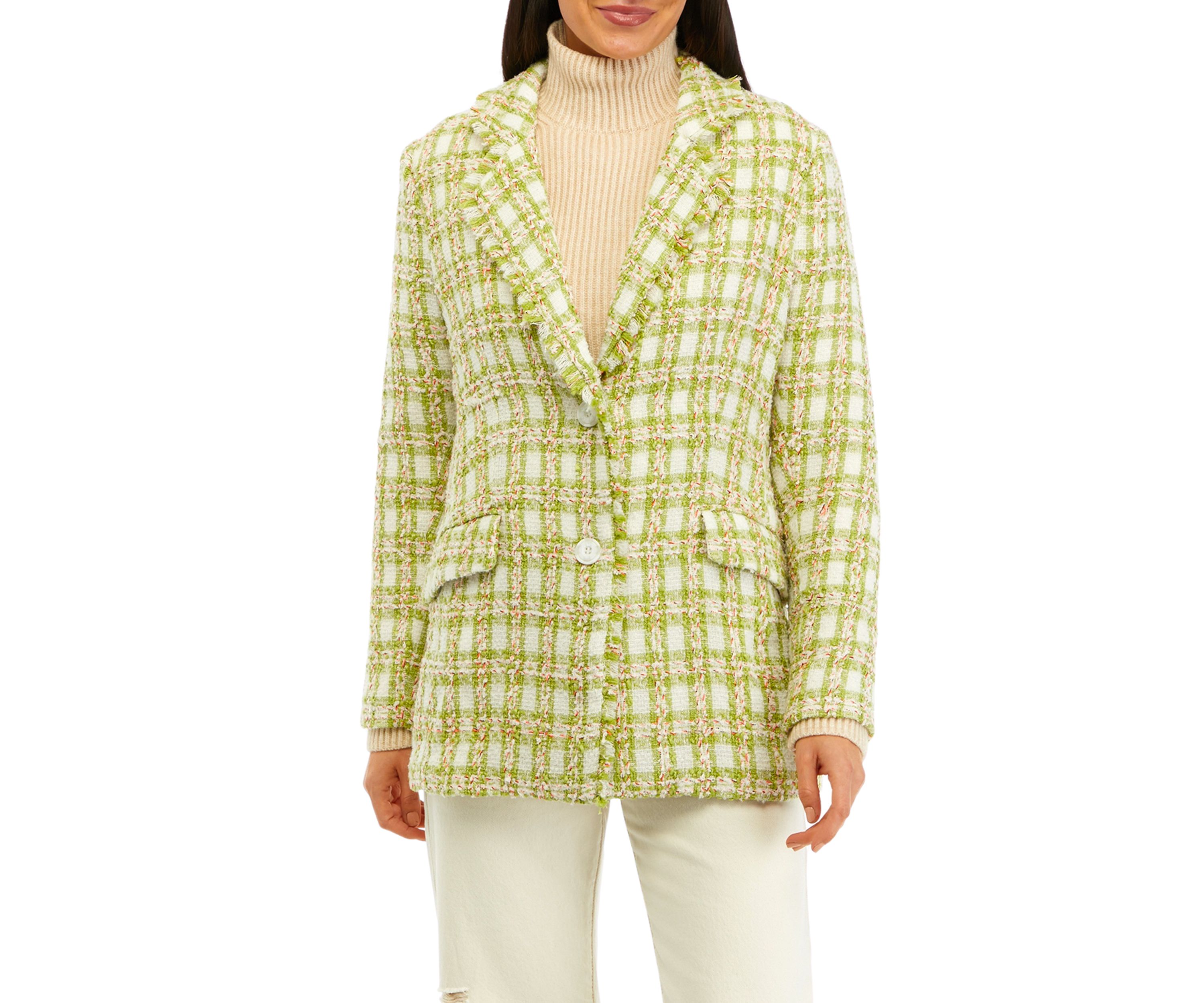 Womens Notch Collar Plaid Tweed Blazer 
