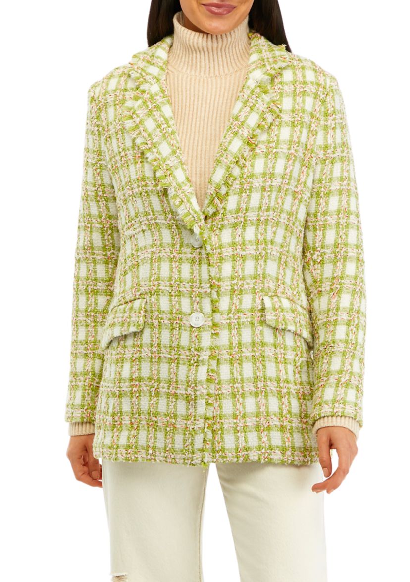 Womens Notch Collar Plaid Tweed Blazer 
