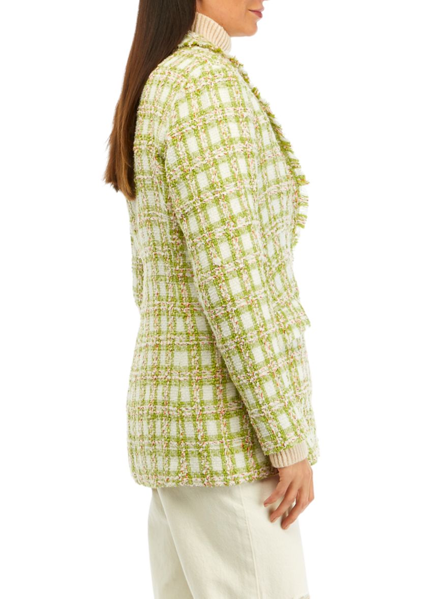 Womens Notch Collar Plaid Tweed Blazer 