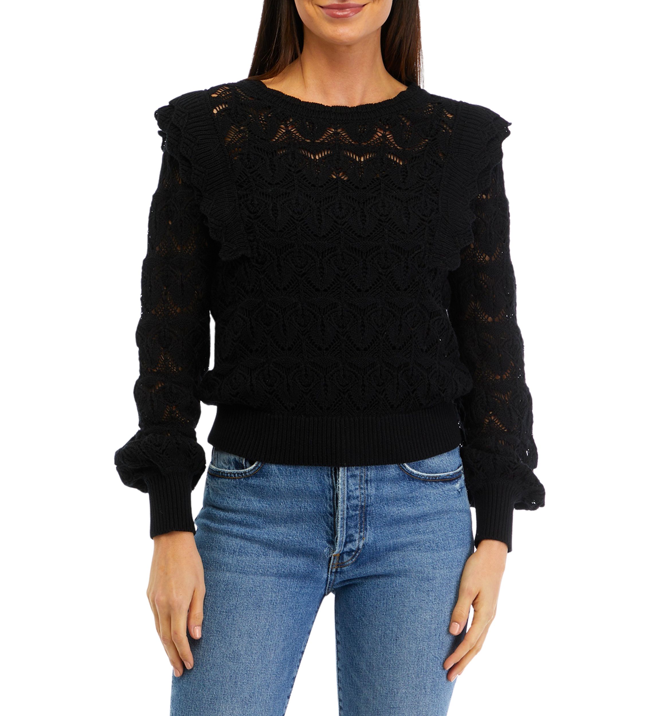 Womens Ruffle Pointelle Sweater