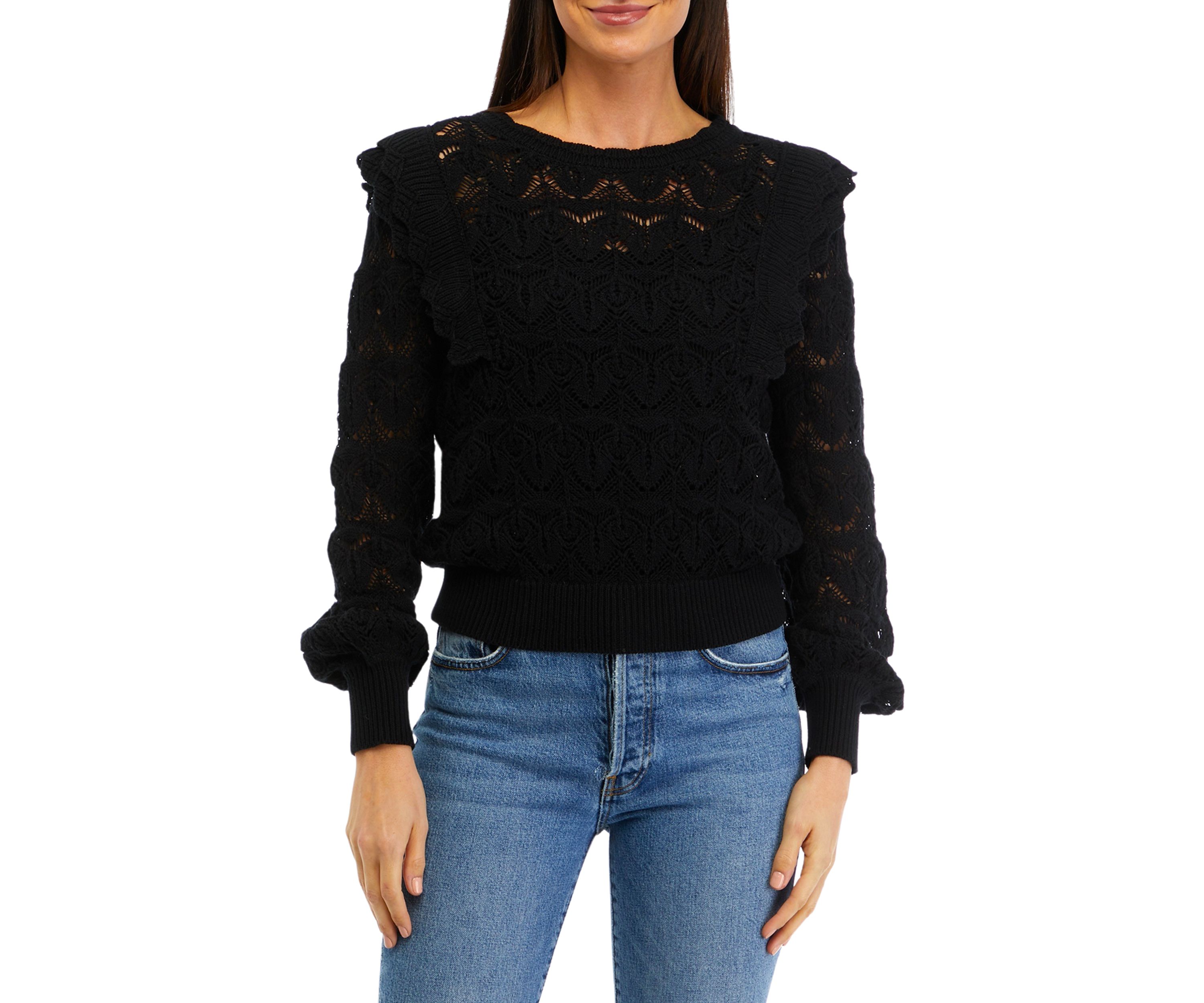Womens Ruffle Pointelle Sweater