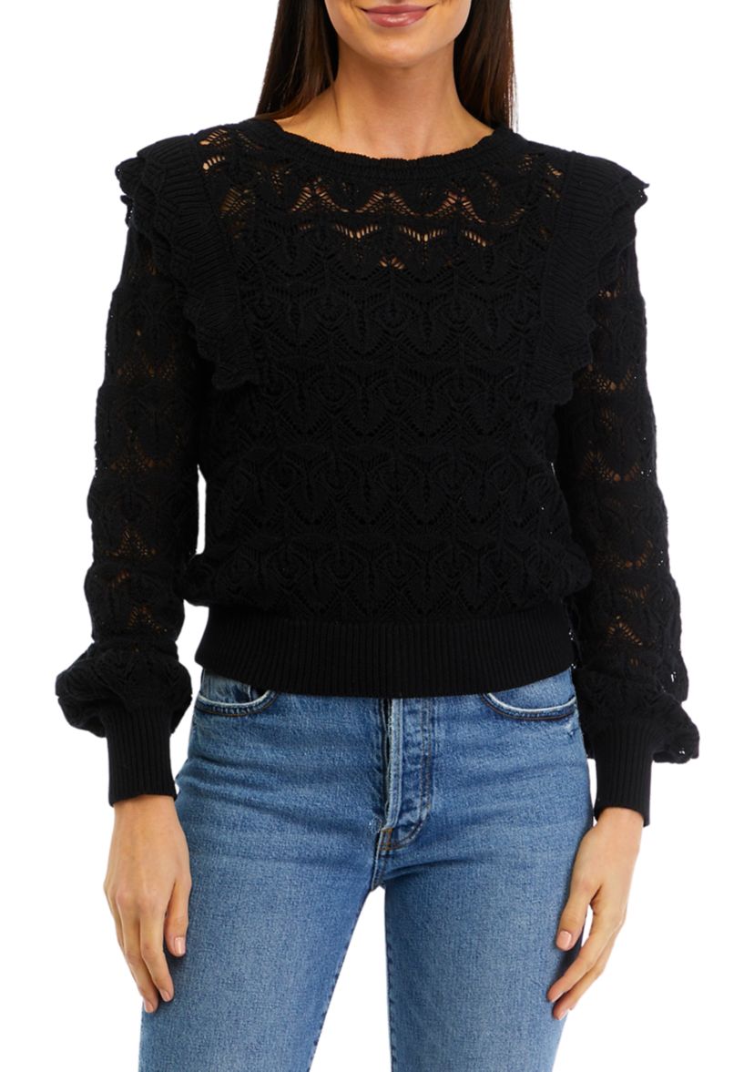 Womens Ruffle Pointelle Sweater