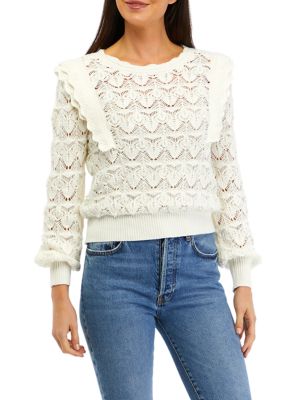 Single Thread Women's Ruffle Pointelle Sweater, Ivory, XS