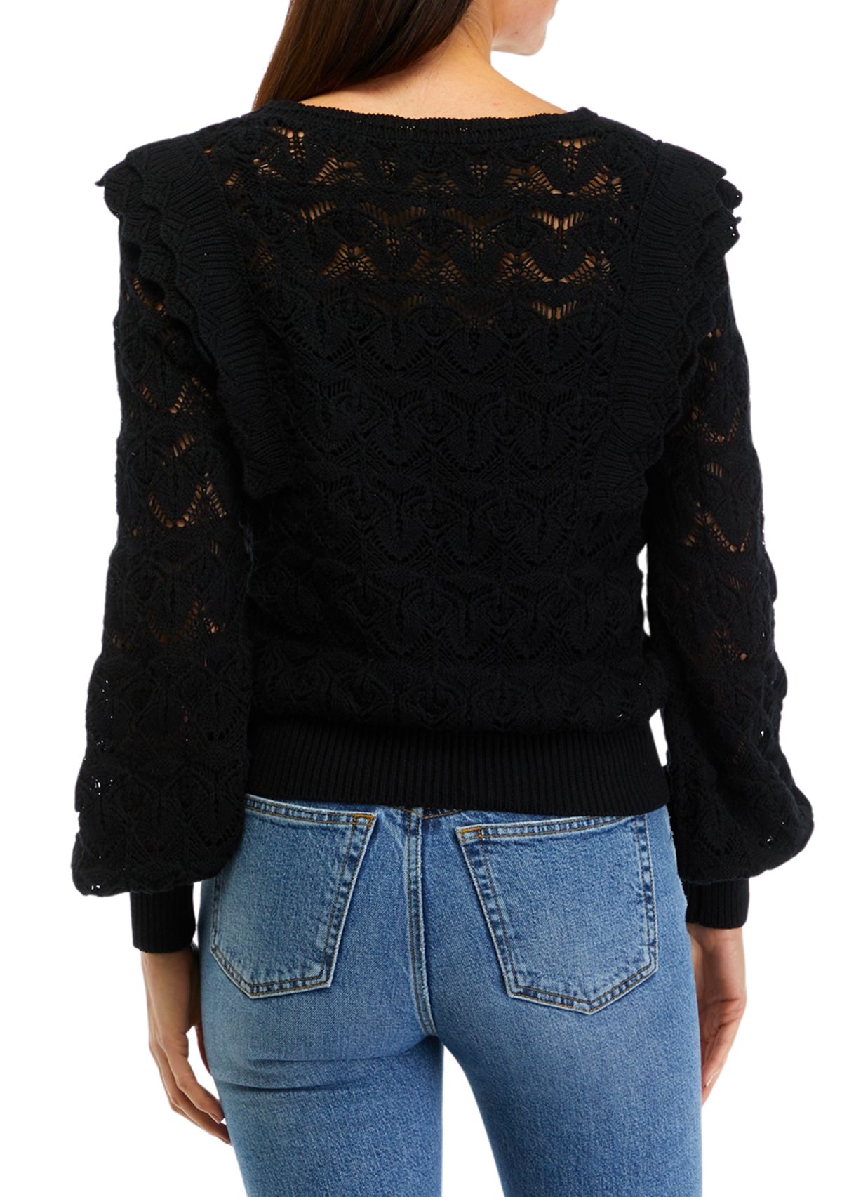 Womens Ruffle Pointelle Sweater