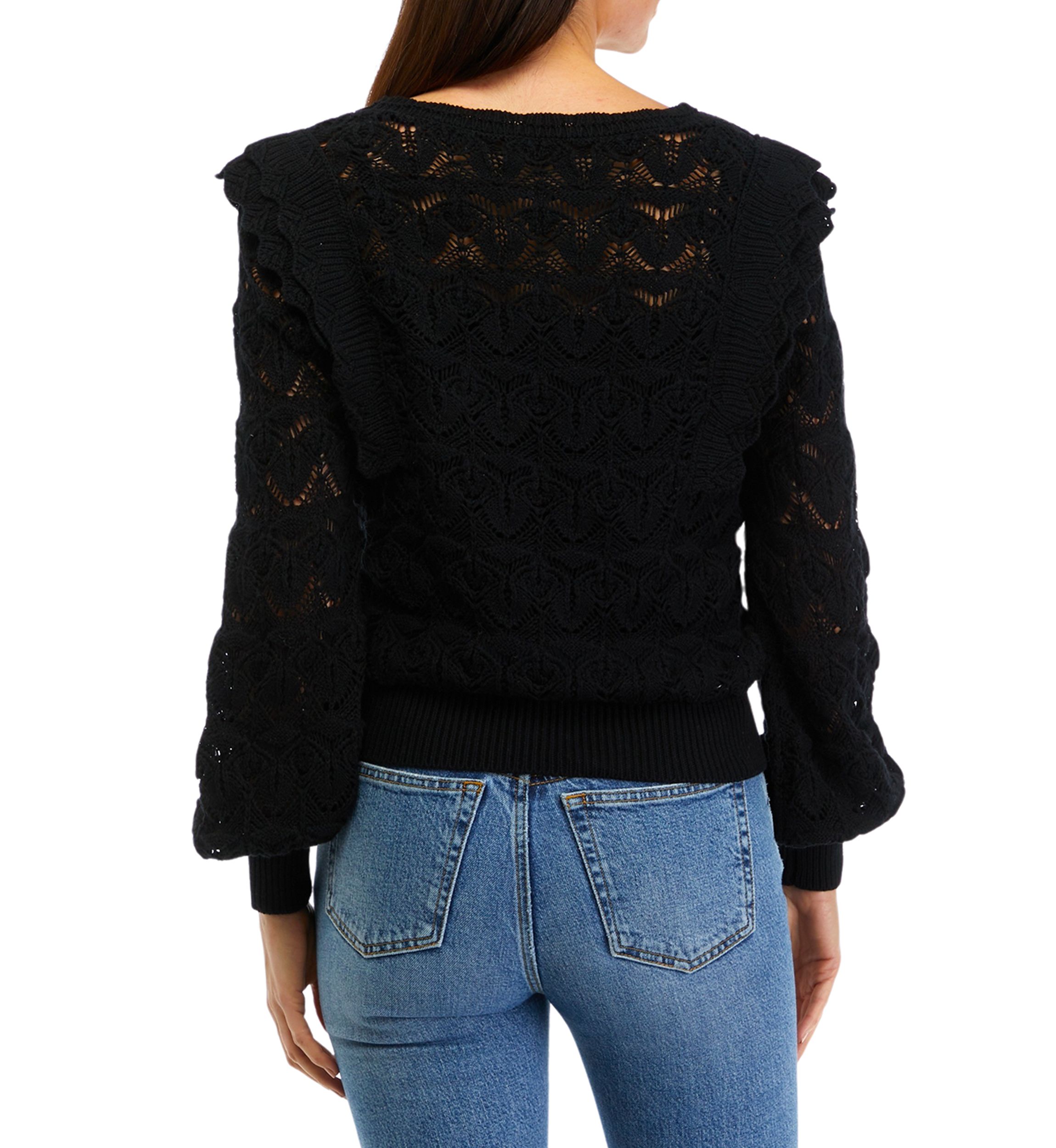 Womens Ruffle Pointelle Sweater