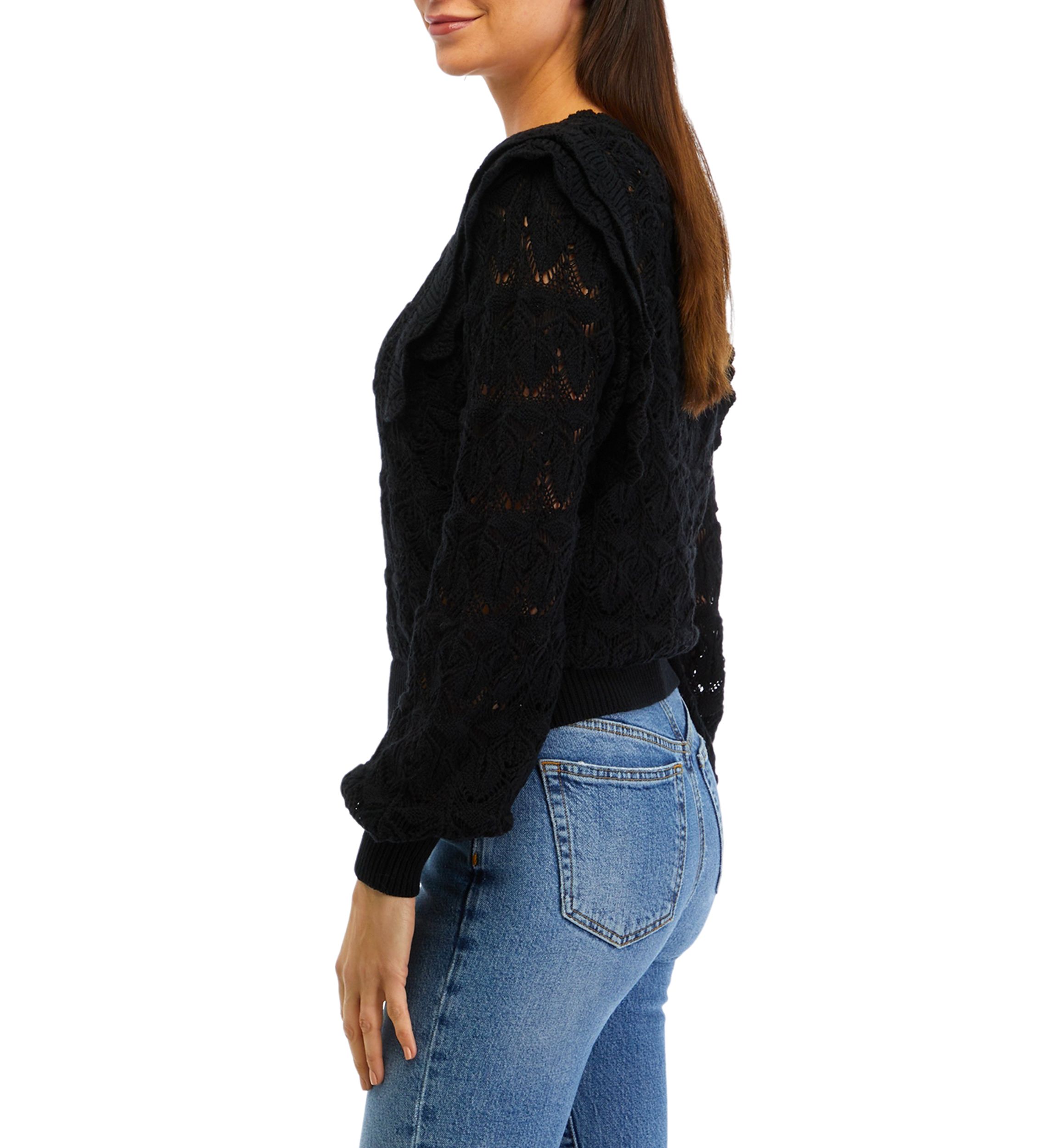 Womens Ruffle Pointelle Sweater