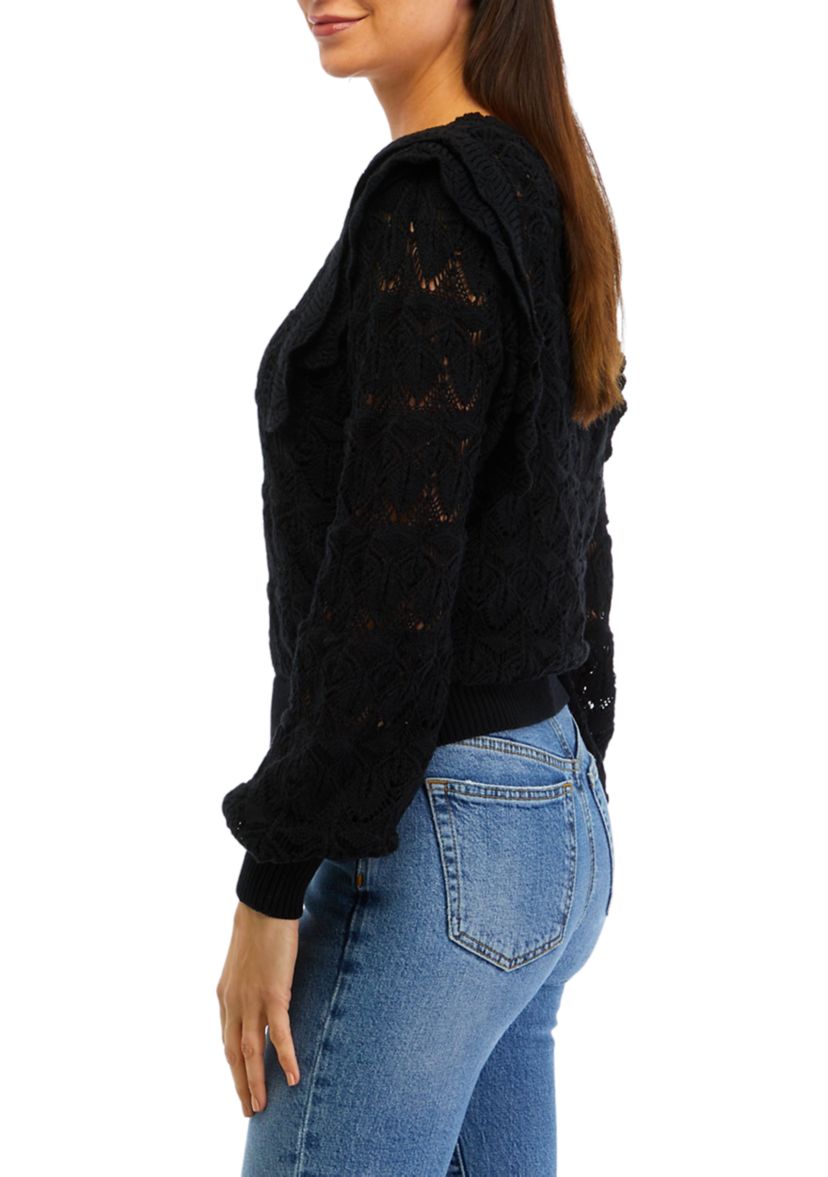 Womens Ruffle Pointelle Sweater