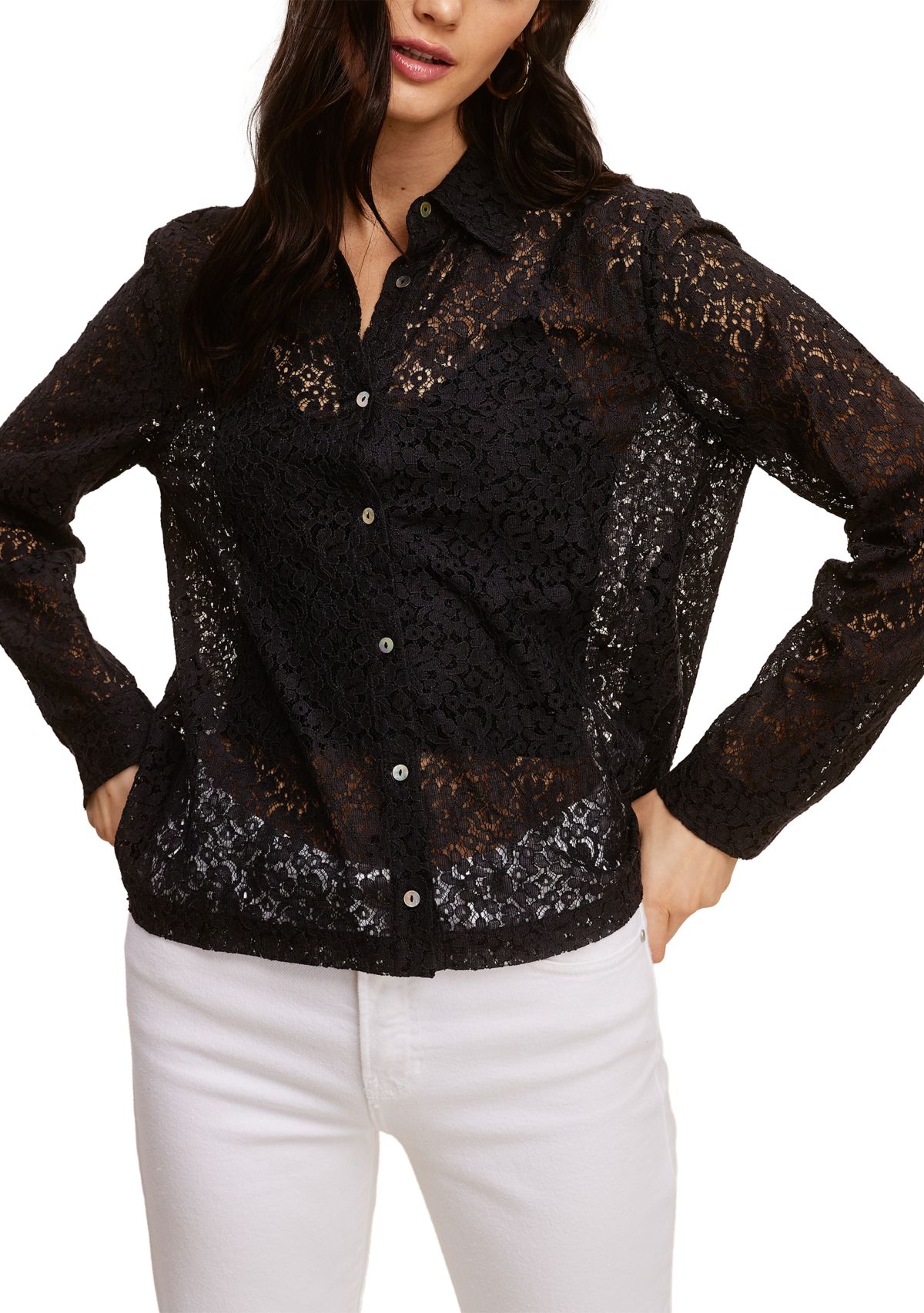 Womens Long Sleeve Button Front Lace Top
