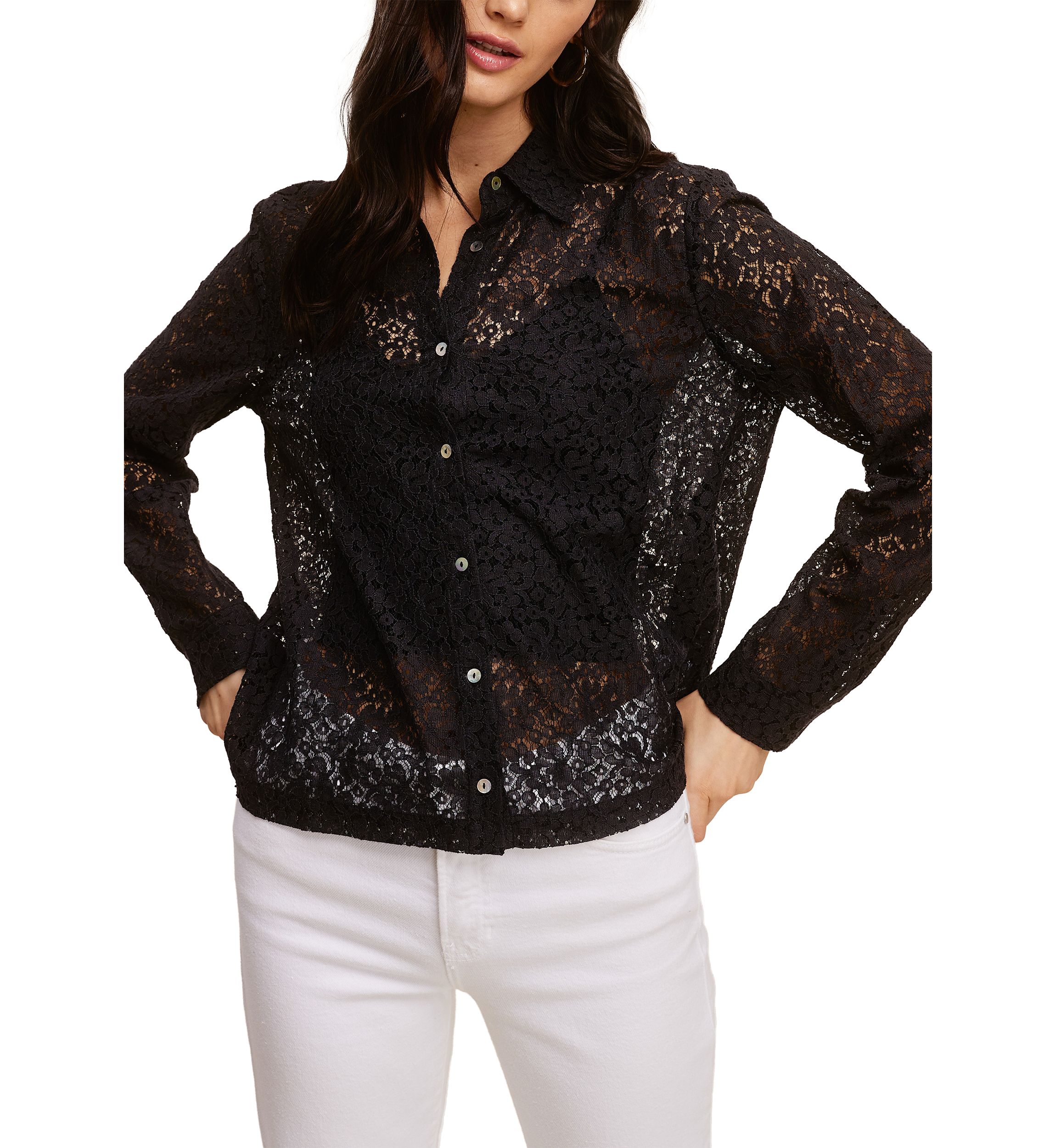 Womens Long Sleeve Button Front Lace Top