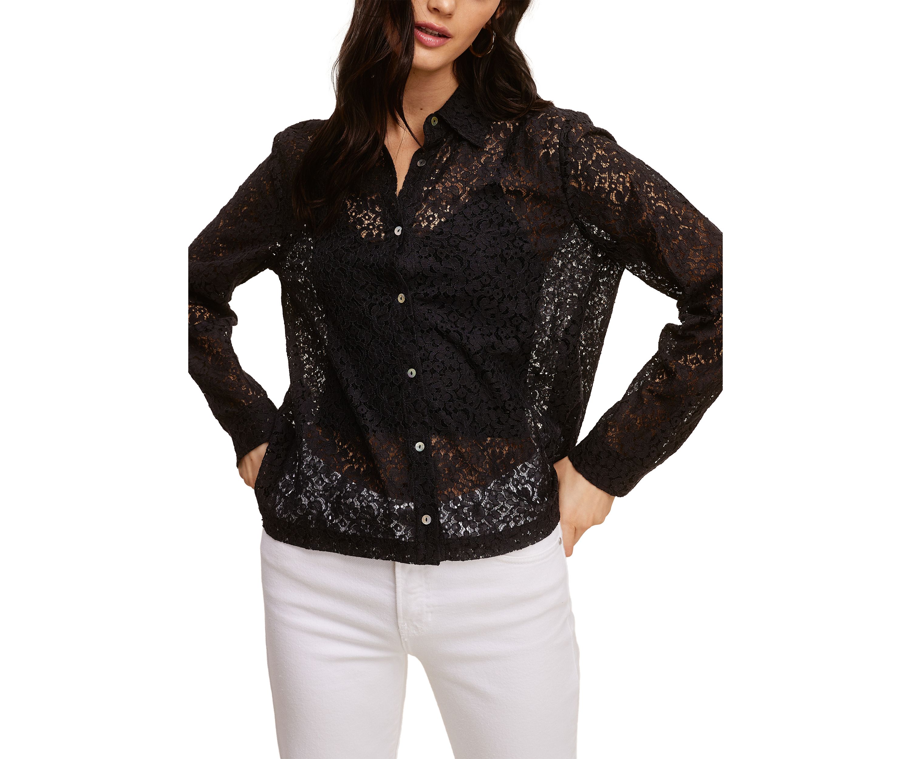 Womens Long Sleeve Button Front Lace Top