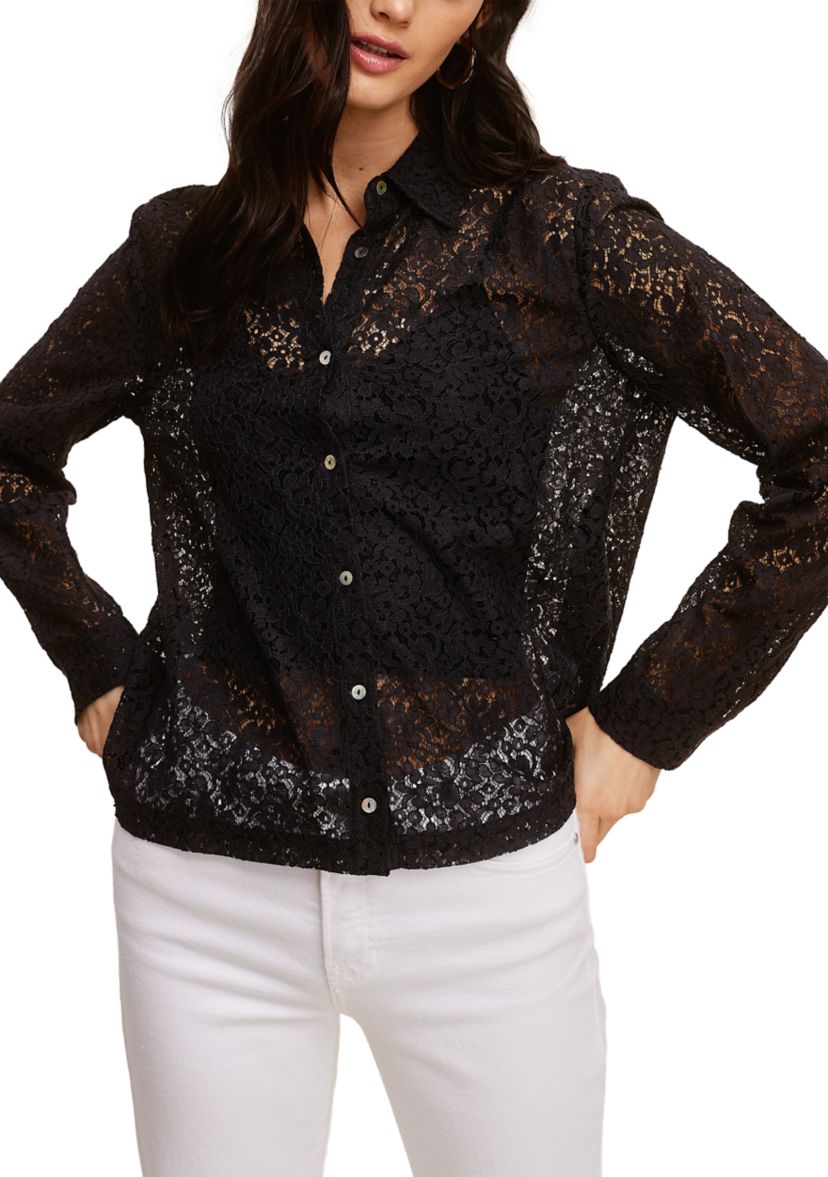 Womens Long Sleeve Button Front Lace Top