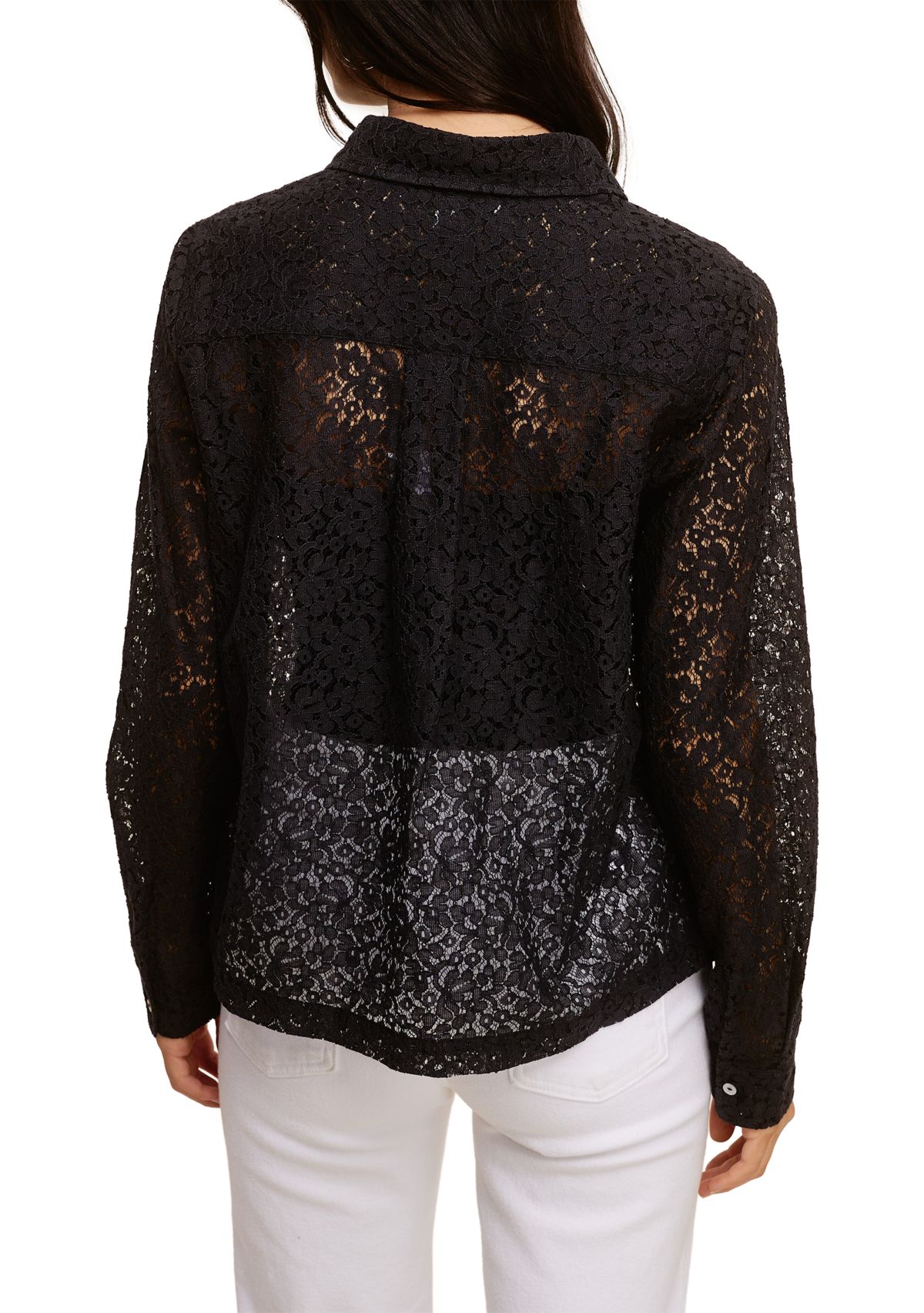 Womens Long Sleeve Button Front Lace Top