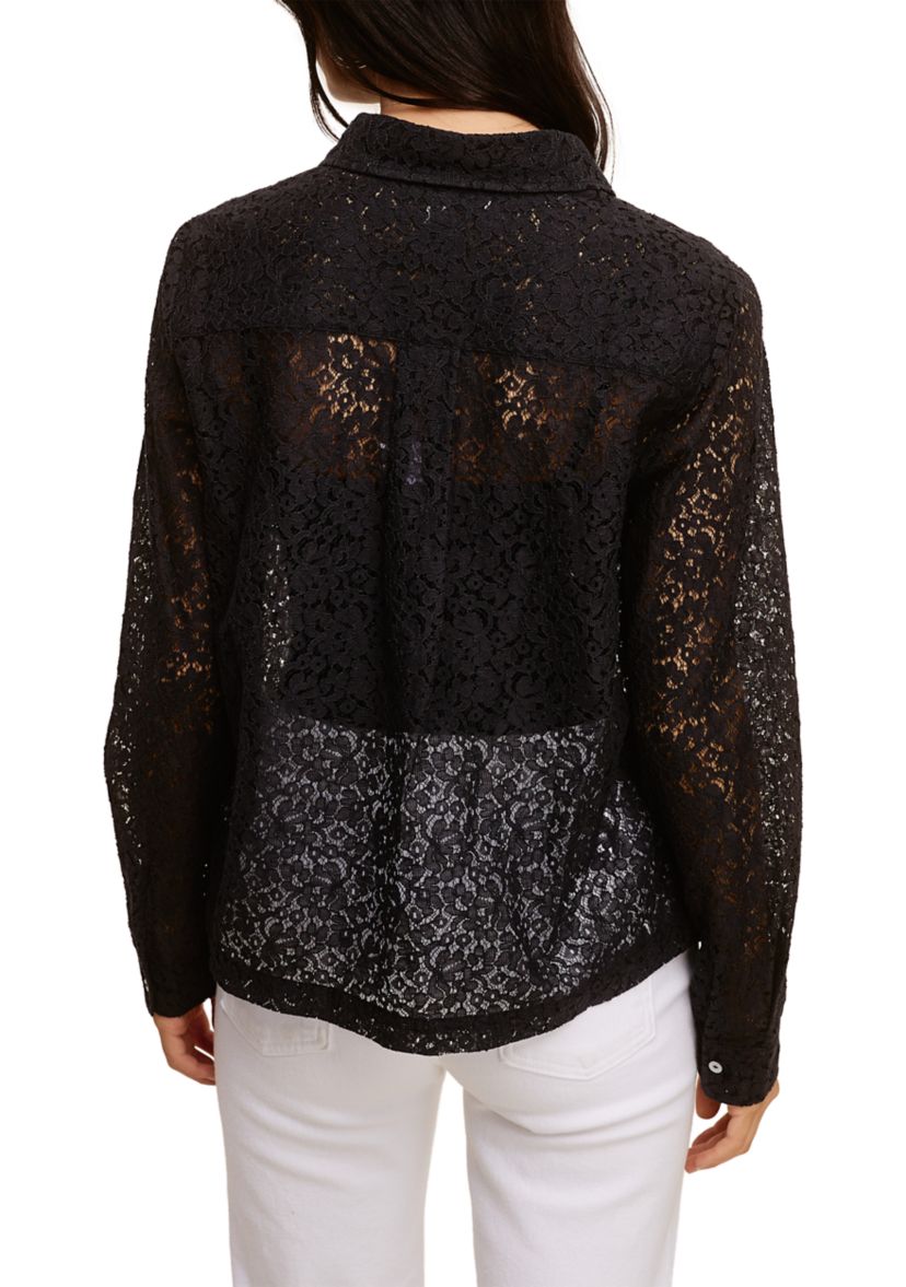 Womens Long Sleeve Button Front Lace Top