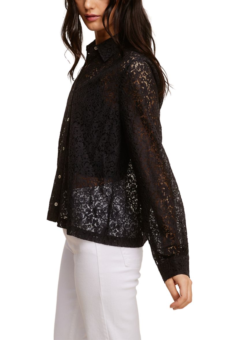 Womens Long Sleeve Button Front Lace Top