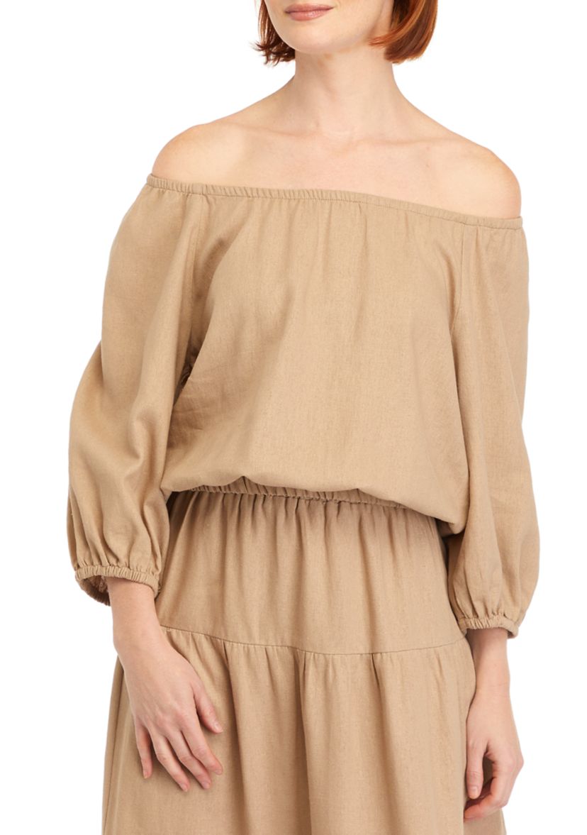 Womens Solid Linen Off the Shoulder Blouse
