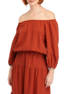 Single Thread Women's Solid Linen Off the Shoulder Blouse, Medium