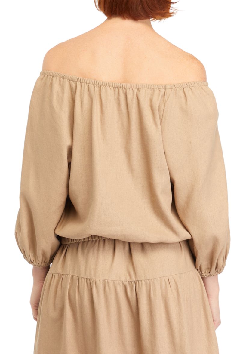 Womens Solid Linen Off the Shoulder Blouse